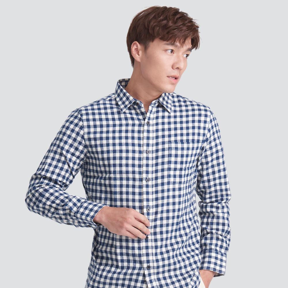 格紋長袖襯衫-藍白格
