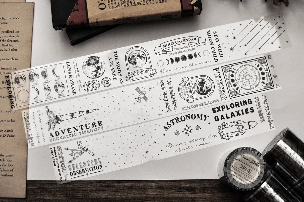 喵吉星．Space (Black/White) 太空黑墨/白墨 4.5cm亮面PET/描圖紙膠帶 <整捲/分裝>