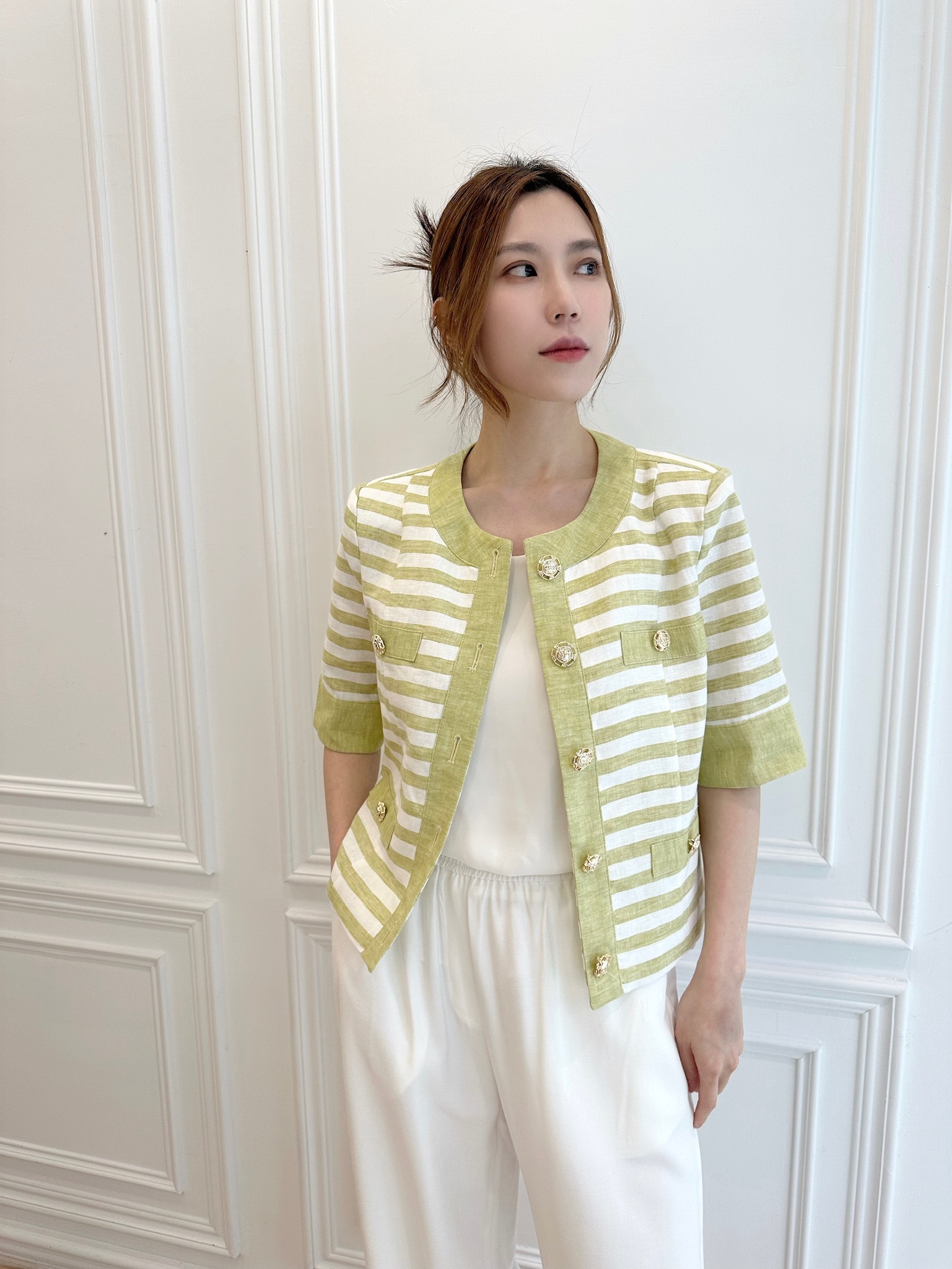 絕美綠棉麻條紋外套