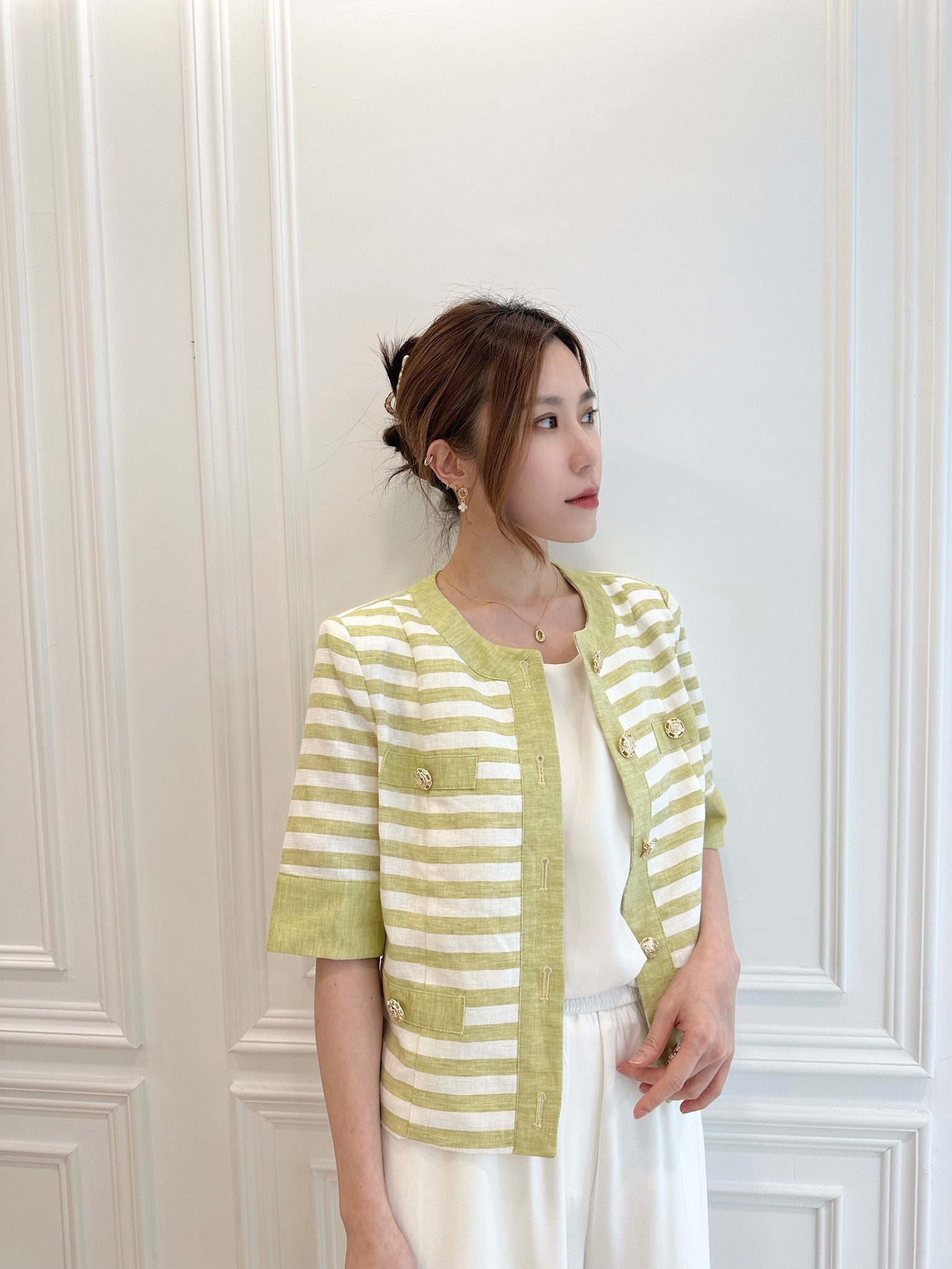 絕美綠棉麻條紋外套