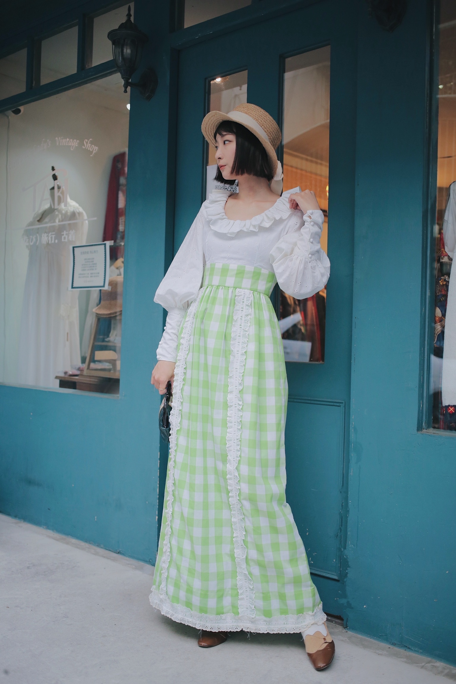 Vintage Dress / 古著荷葉邊蕾絲上衣拼接綠白格紋洋裝