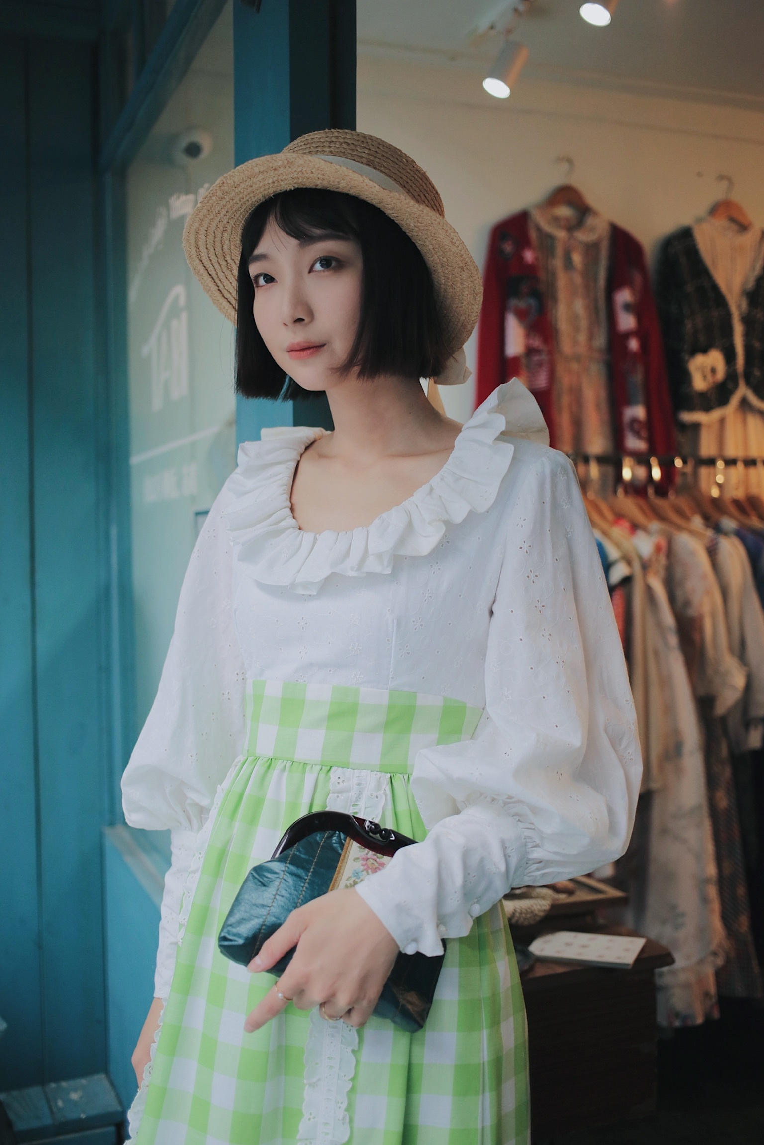 Vintage Dress / 古著荷葉邊蕾絲上衣拼接綠白格紋洋裝