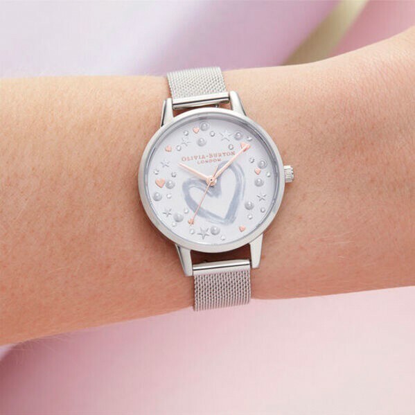 【OLIVIA BURTON】愛心白面鋼色米蘭鋼帶腕錶 OB16LH12 30mm 現代鐘錶