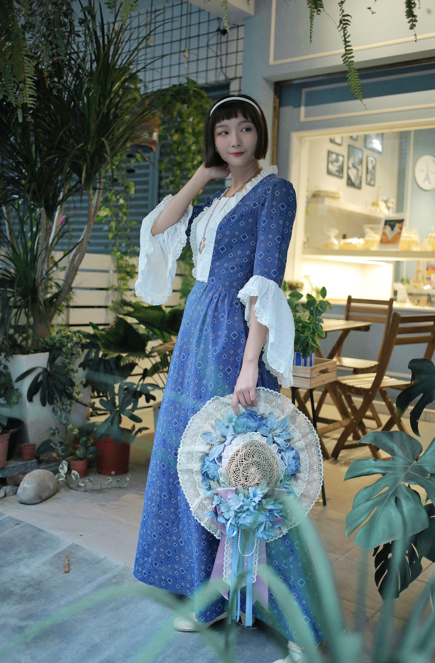 Vintage Dress / 古著天使袖胸前蕾絲布拼接藍色洋裝
