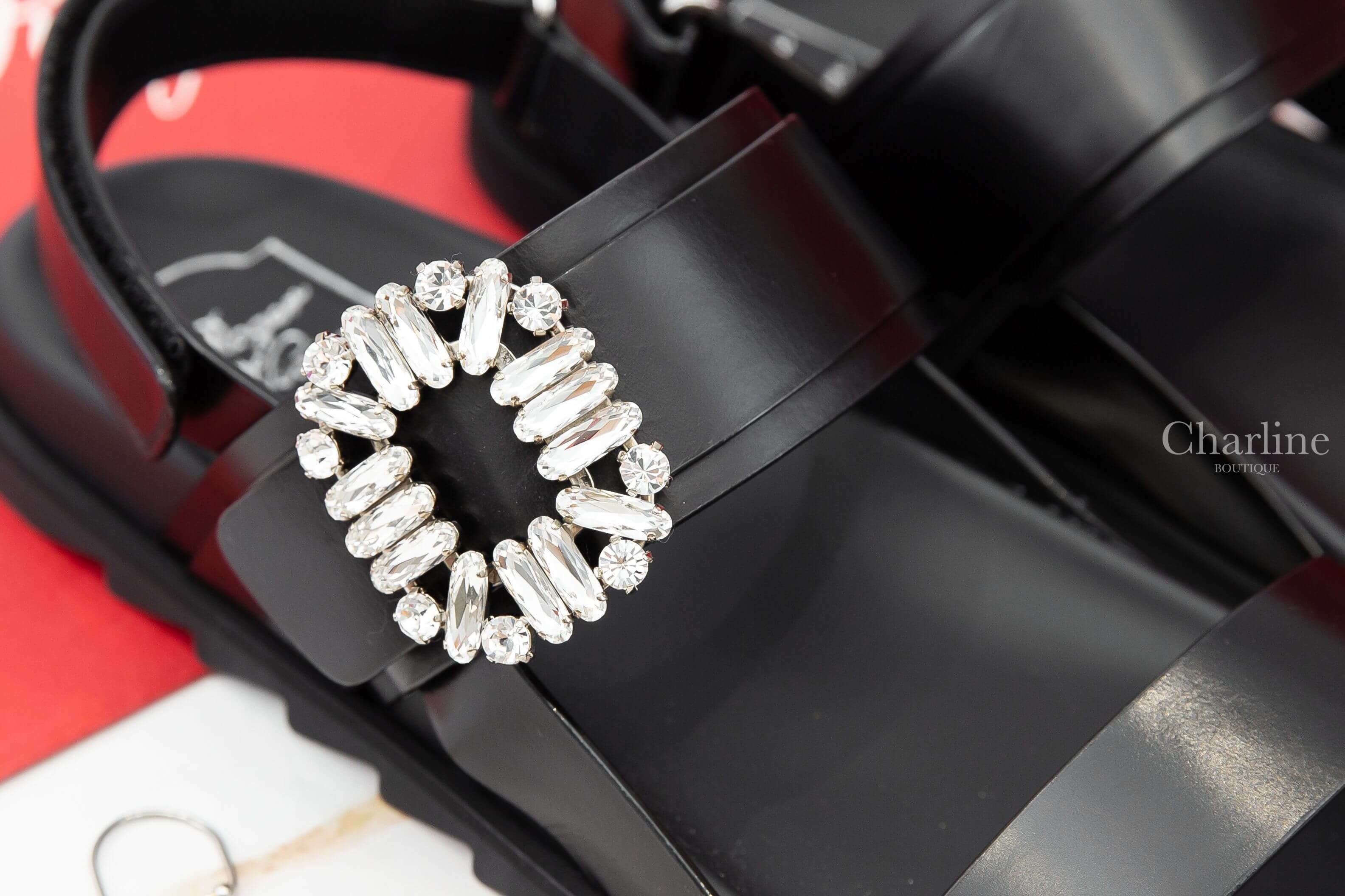 Roger Vivier Slidy Viv' Strass Buckle Mules In Leather 黑色皮革銀色水晶方釦涼鞋