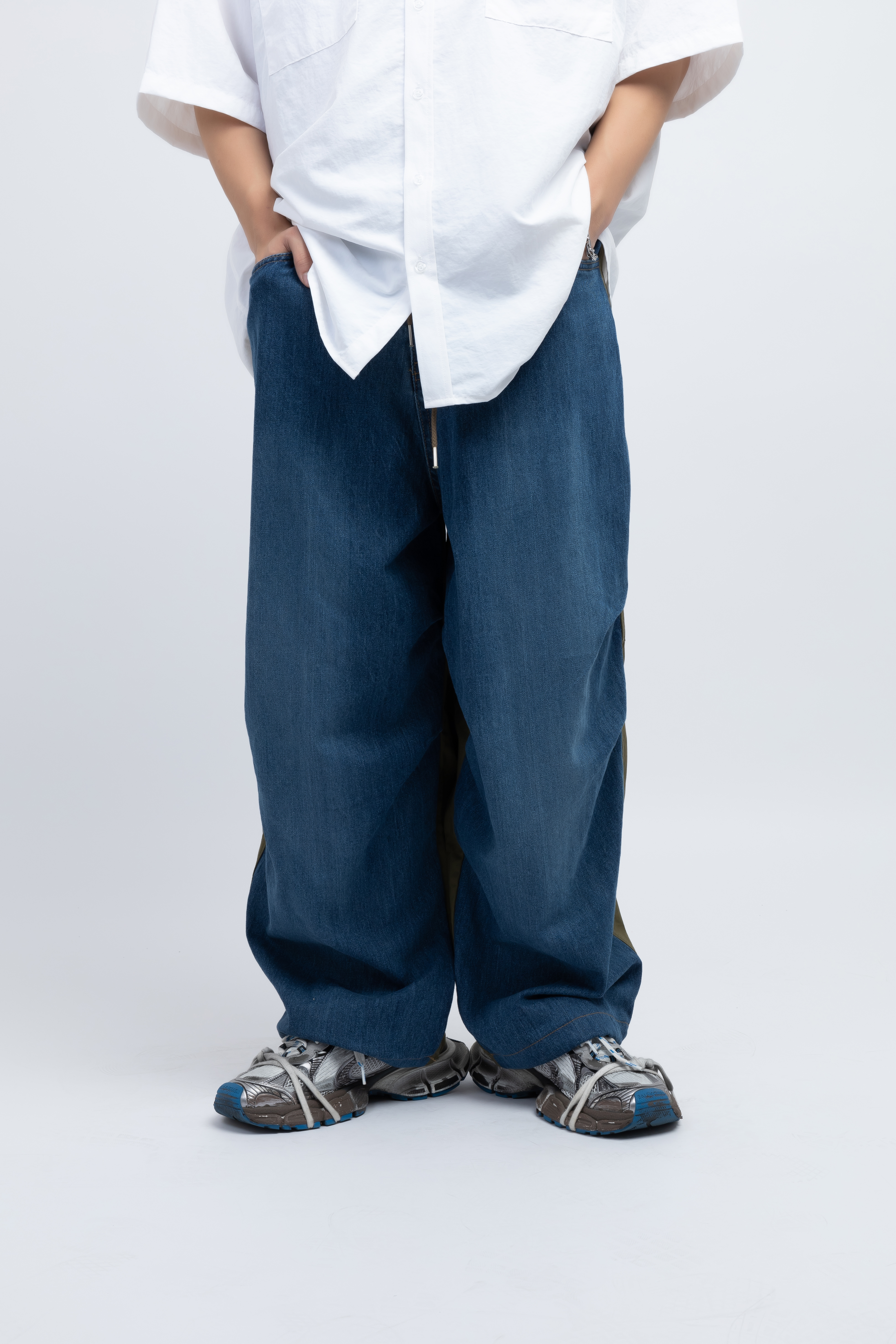 Korea 正韓精選親自選物｜工作褲拼接丹寧｜one size ｜有抽繩可綁也可皮帶｜