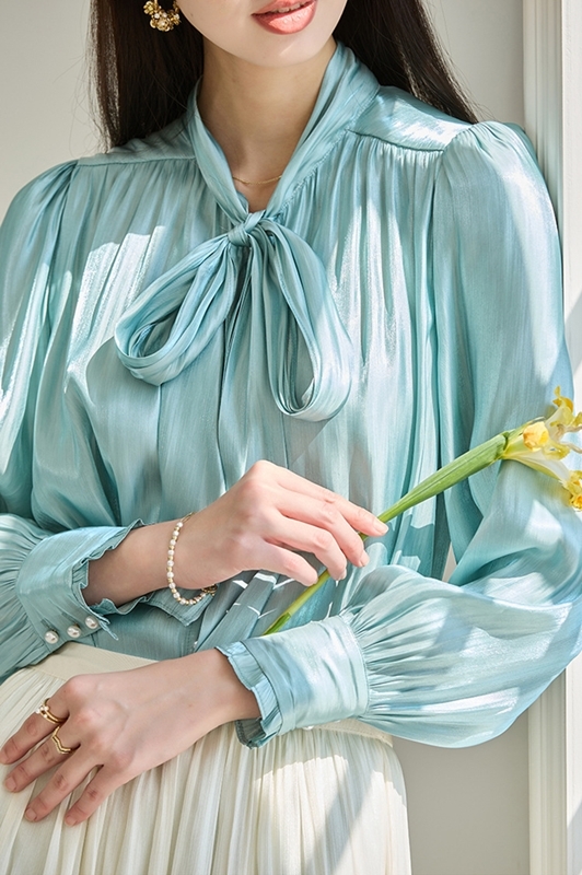 綁帶珠光雪紡襯衫  兩色