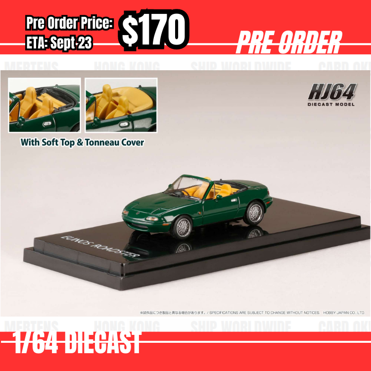 Pre Order-$170 Hobby Japan 1:64 EUNOS ROADSTER (NA6CE) V-SPECIAL / Genuine Options Wheel rim  with Tonneau Cover NEO GREEN HJ643025BGR  [OD24/05]