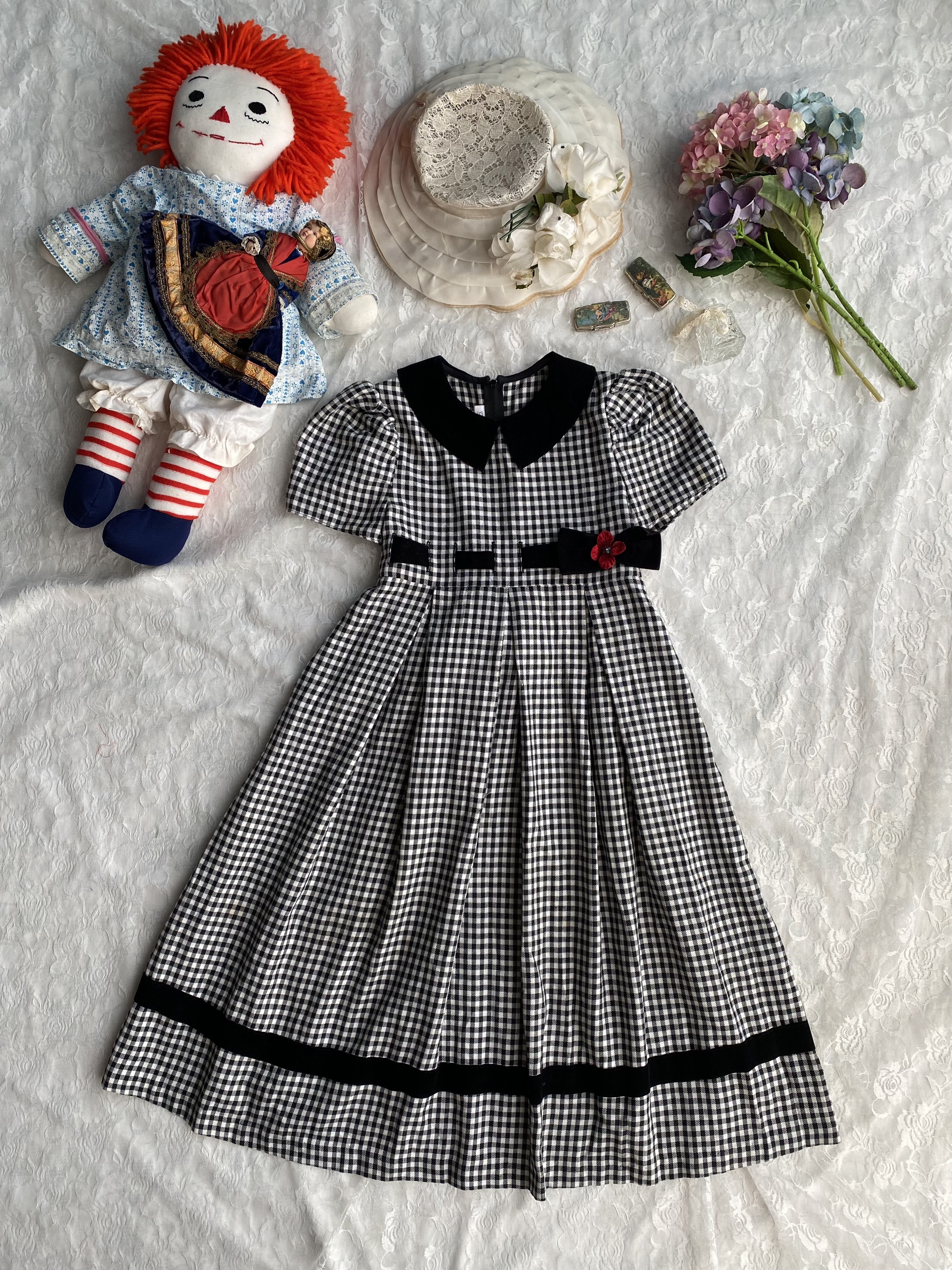 Vintage Dress / Bonnie Jean古著黑白格紋拼接絨布緞帶洋裝