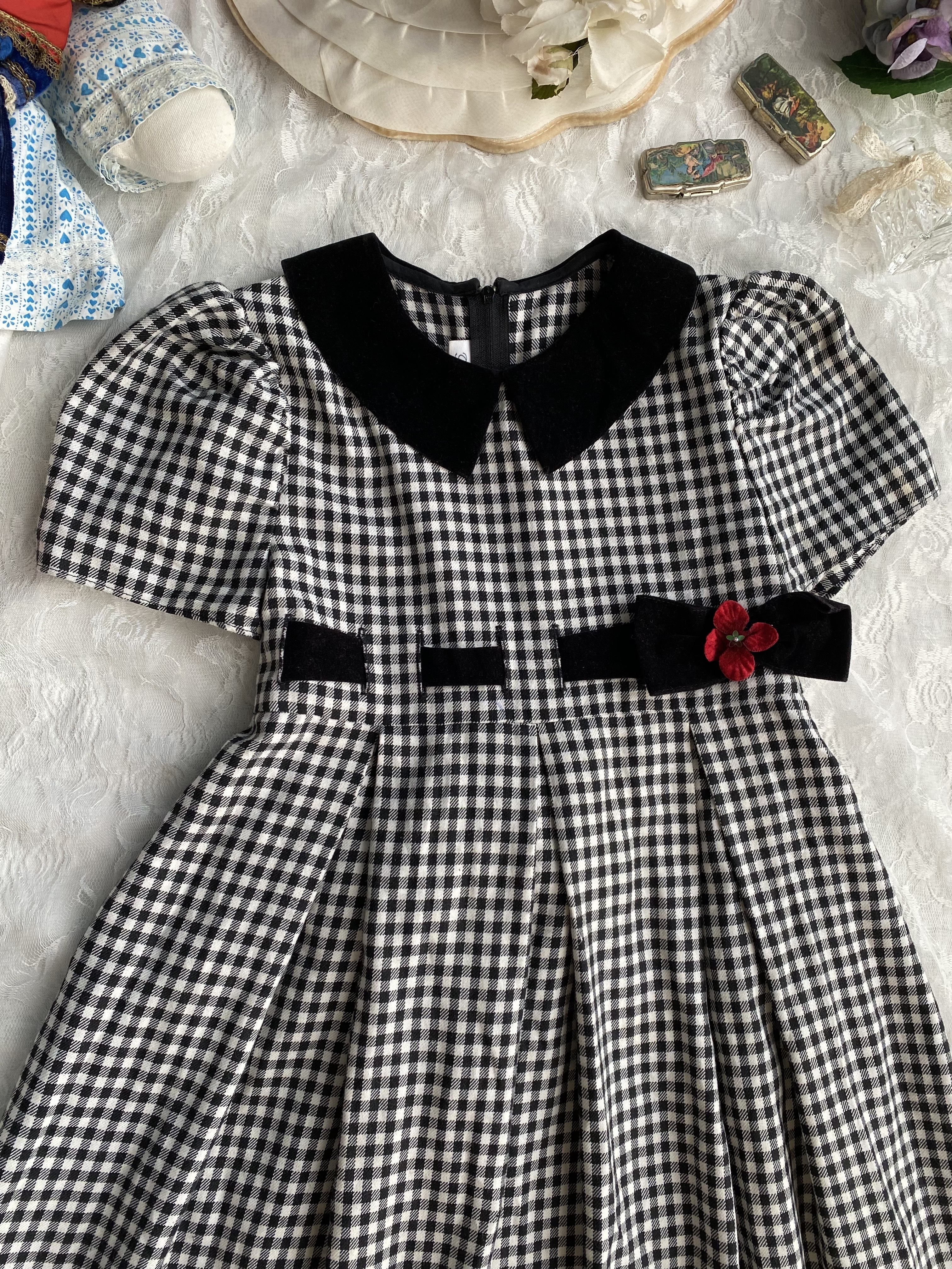 Vintage Dress / Bonnie Jean古著黑白格紋拼接絨布緞帶洋裝