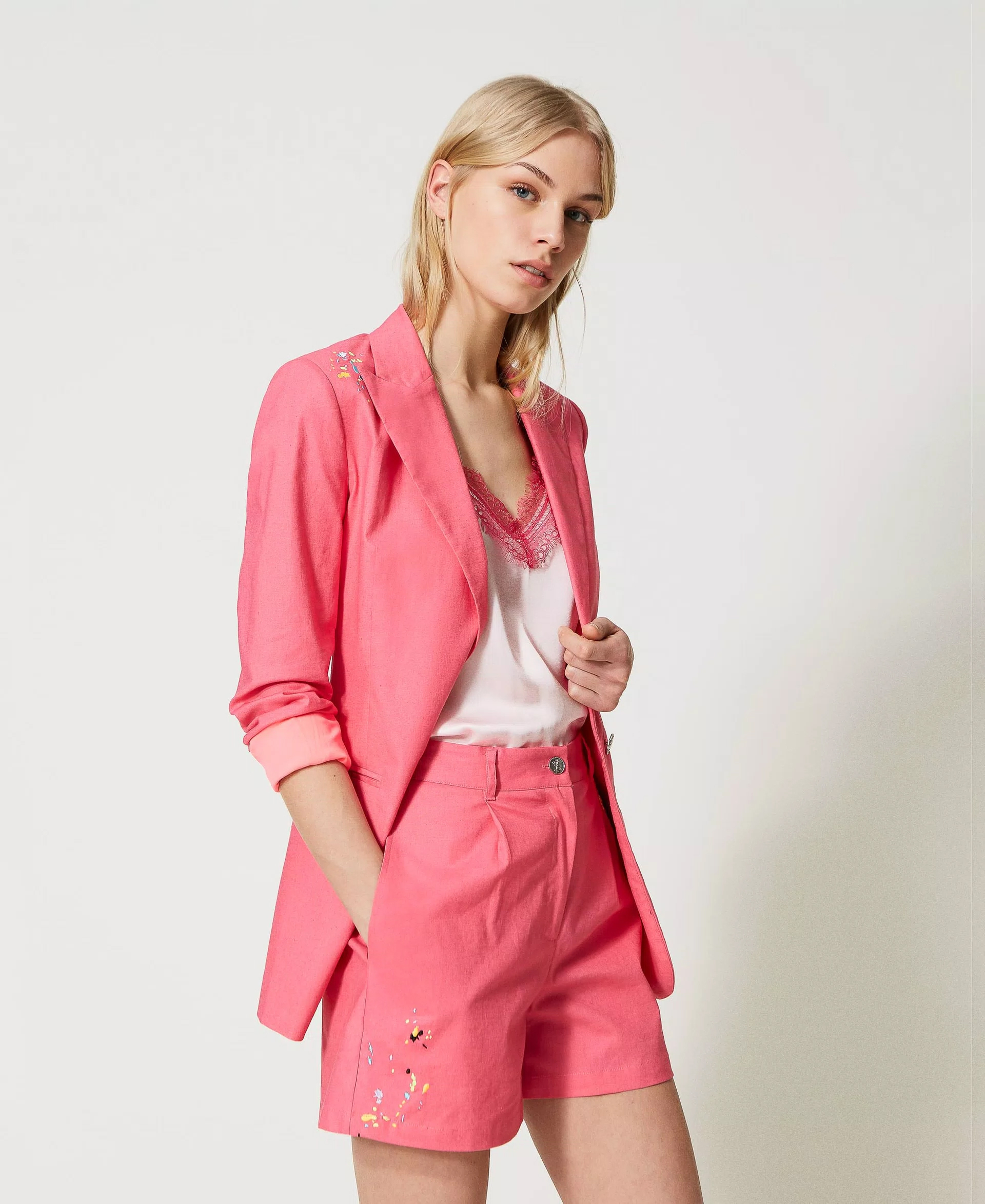 Actitude x MyFo 刺繡亞麻短褲(桃紅)