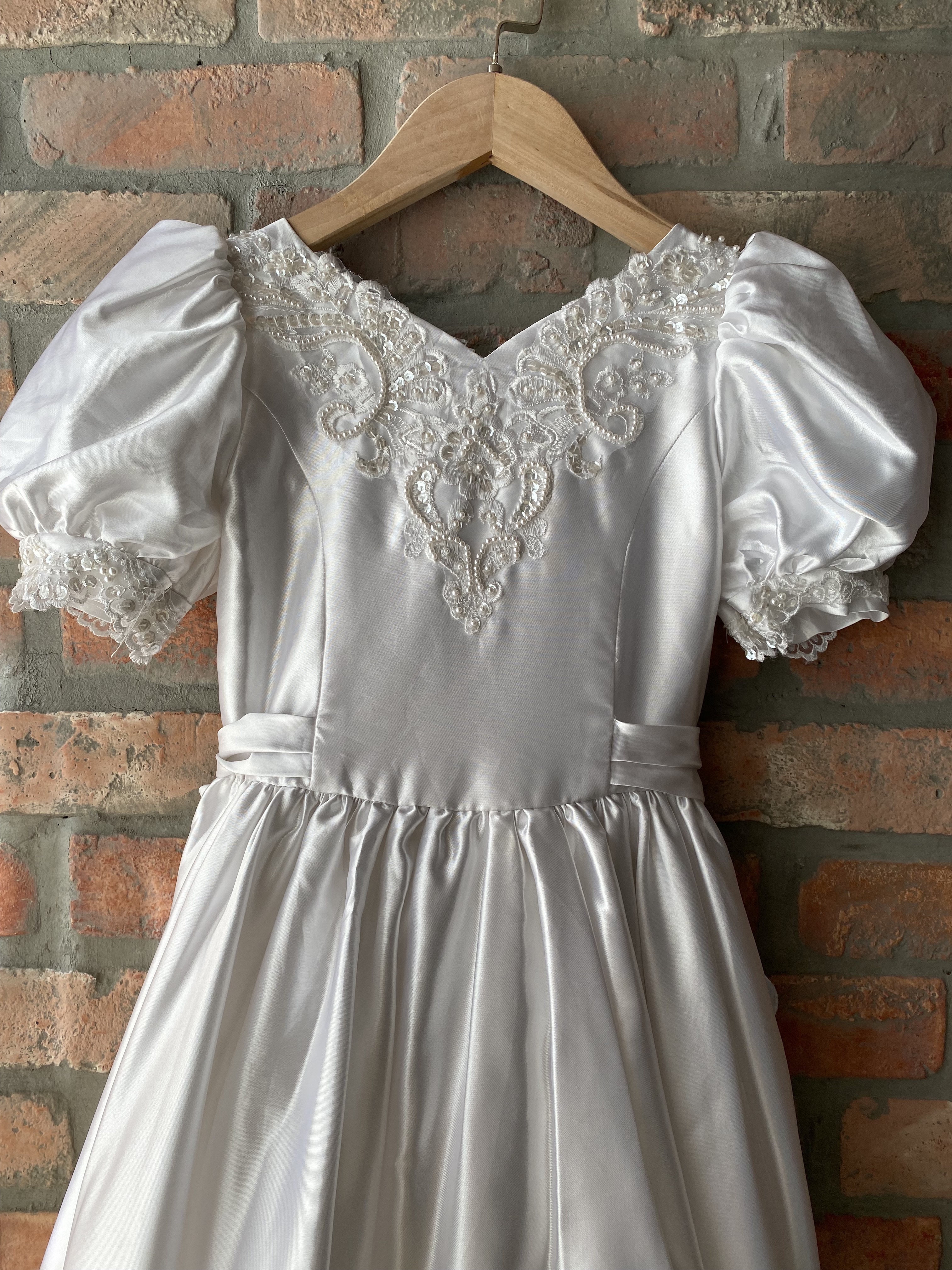 Vintage Dress / Alferd Angelo古著公主袖蕾絲刺繡珍珠造型蛋糕裙拖襬禮服