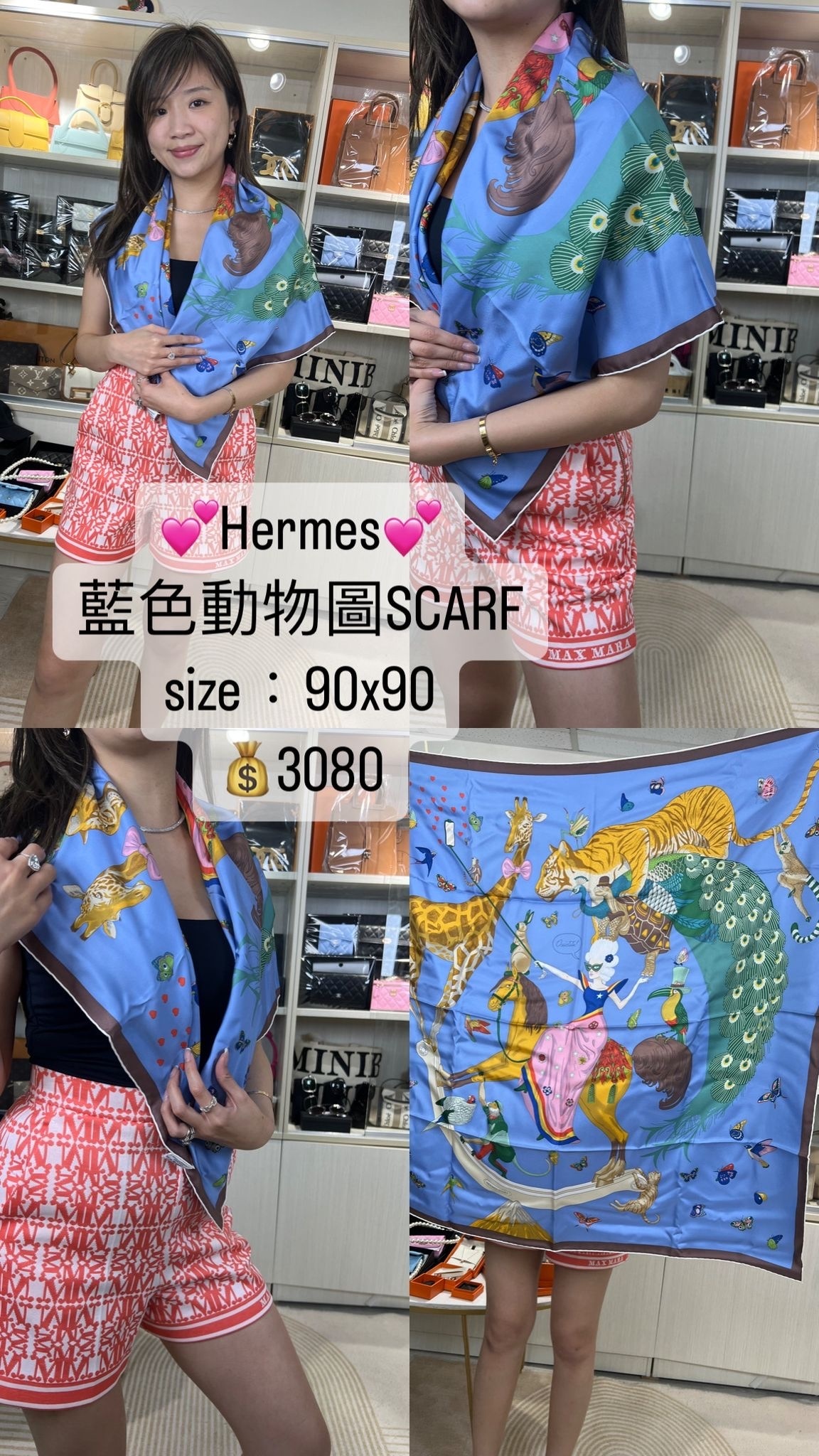 HERMES 藍色動物圖案SCARF-M