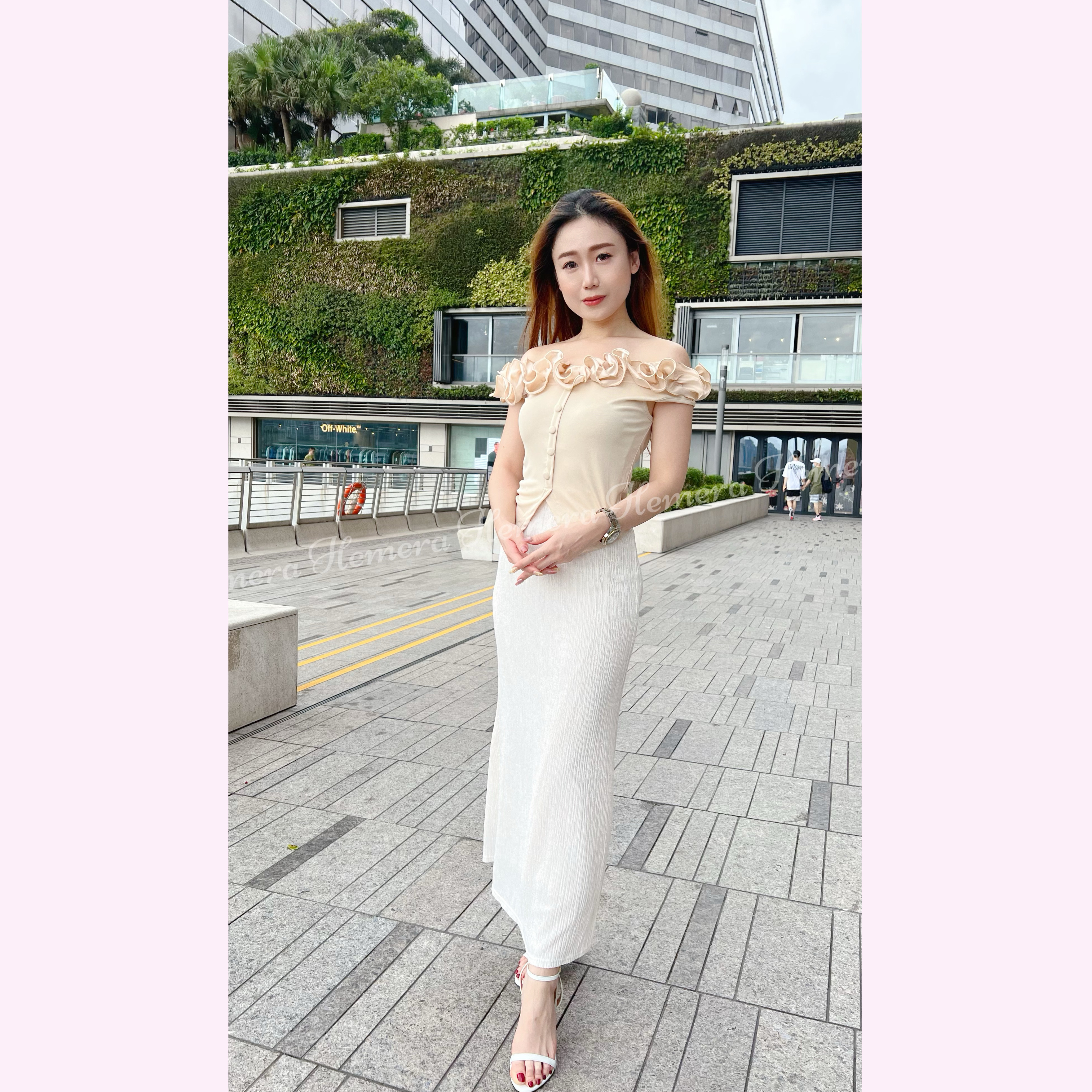 TP23W0541 絲質拼網紗RUFFLES一字膊開叉棉質上身