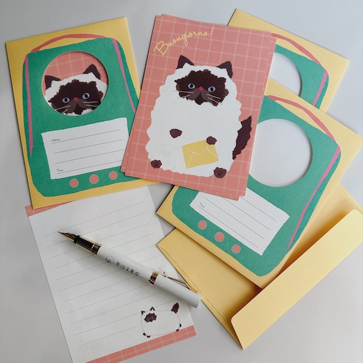 綠色 毛茸茸貓咪  透明窗 信紙信封組｜日本ACTIVE CORPORATION