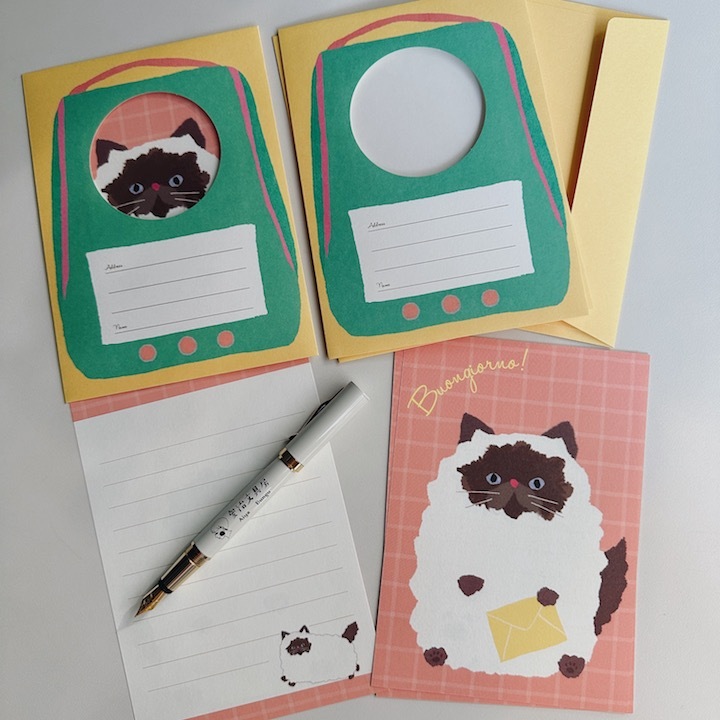 綠色 毛茸茸貓咪  透明窗 信紙信封組｜日本ACTIVE CORPORATION