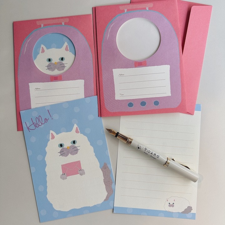 粉紅色 毛茸茸貓咪  透明窗 信紙信封組｜日本ACTIVE CORPORATION