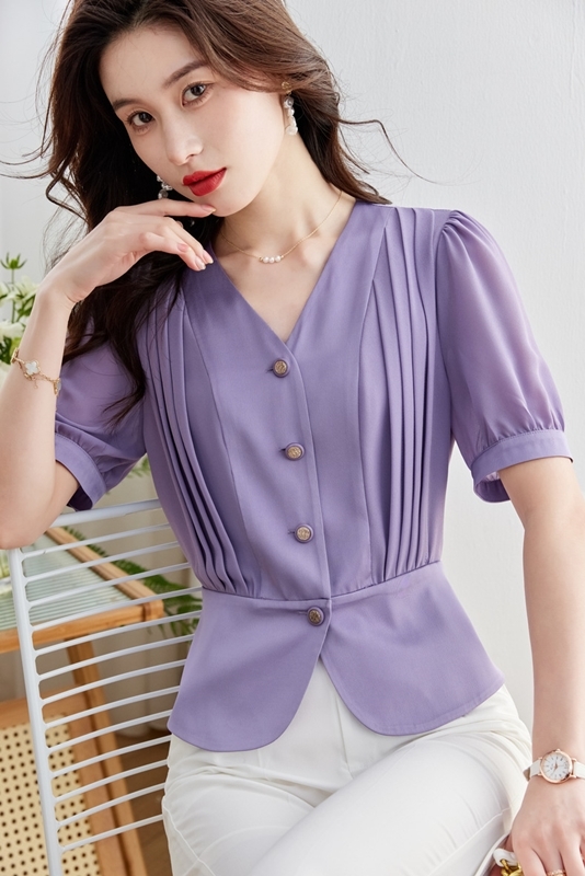 紫2XL/米杏2XL【零碼出清不退換】細褶排釦雪紡上衣
