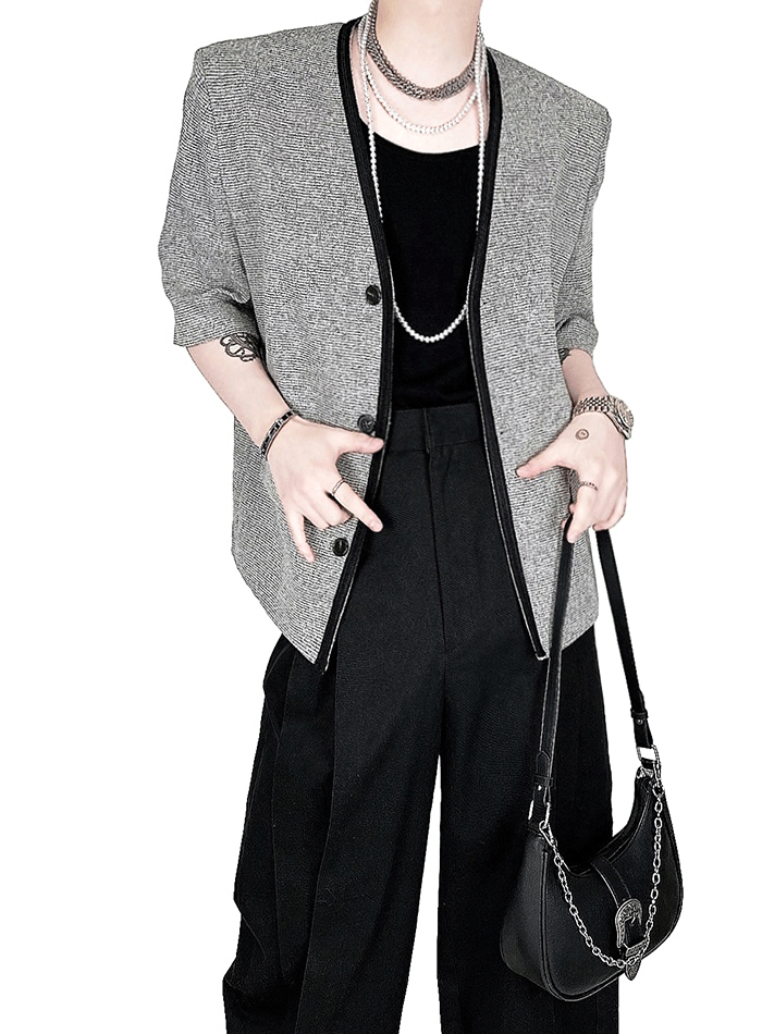 皮埃爾粗花呢V領短袖西裝外套