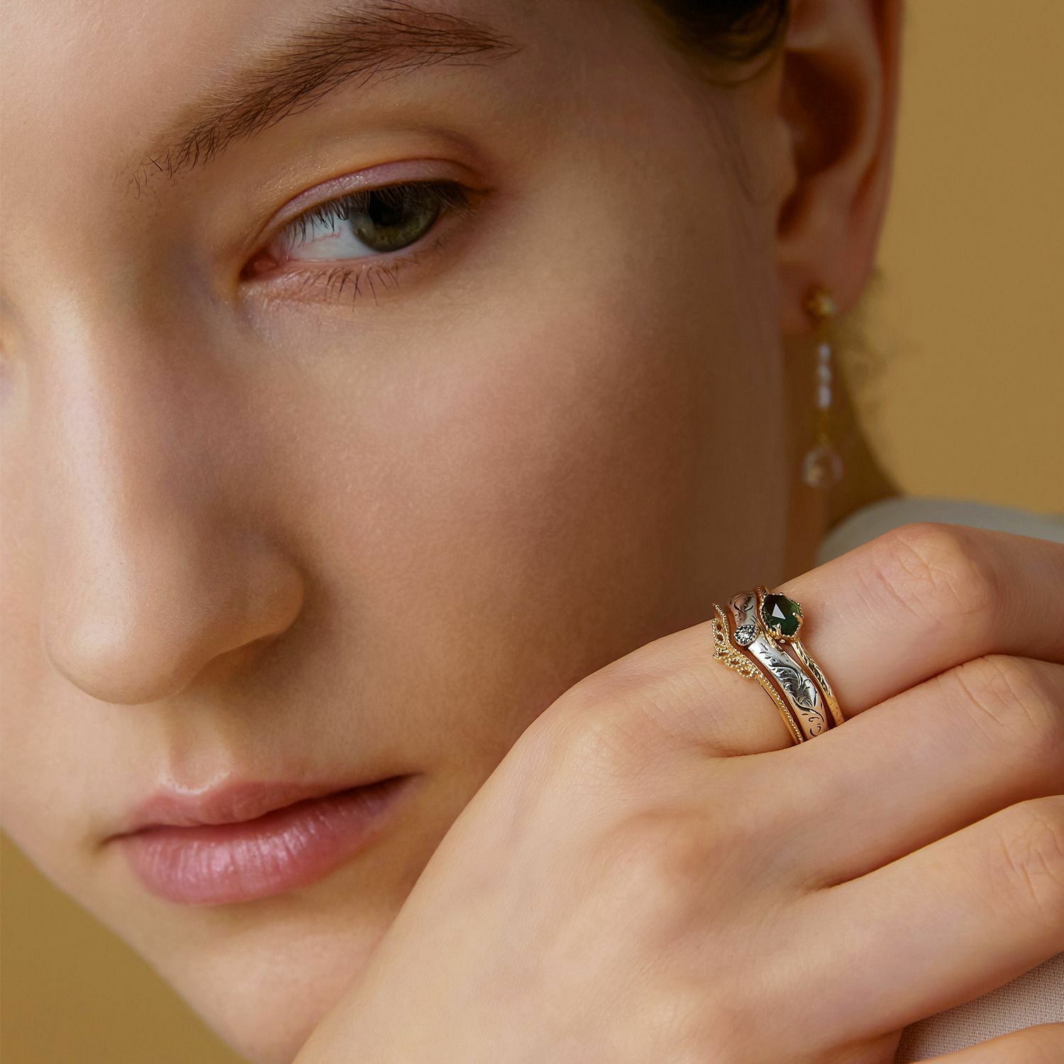 【輕奢】古韻翠葉-S925銀+14K金綠玉髓戒指三件套