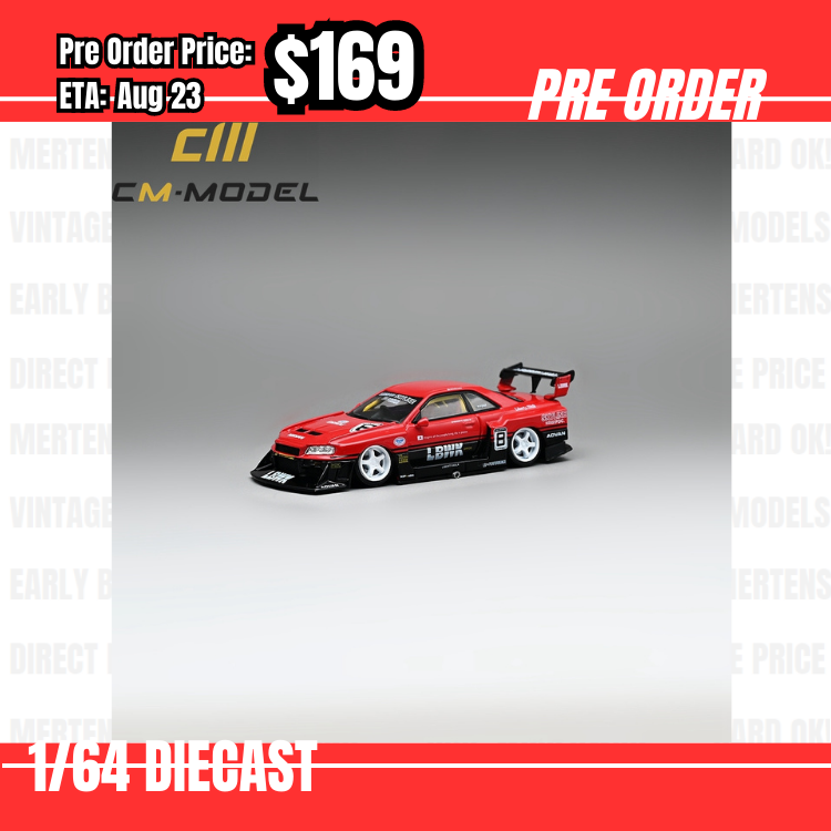 Pre Order-$169 CM Model 1:64 Nissan Skyline ER34 LBWK SuperSilhouette NO.8 w/extra set of wheels [OD25/05]