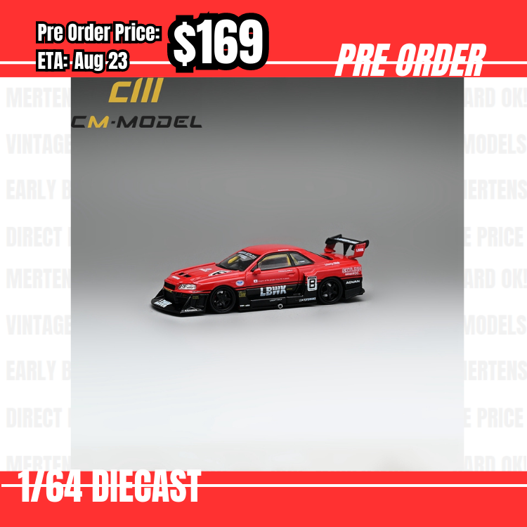 Pre Order-$169 CM Model 1:64 Nissan Skyline ER34 LBWK SuperSilhouette NO.8 w/extra set of wheels [OD25/05]