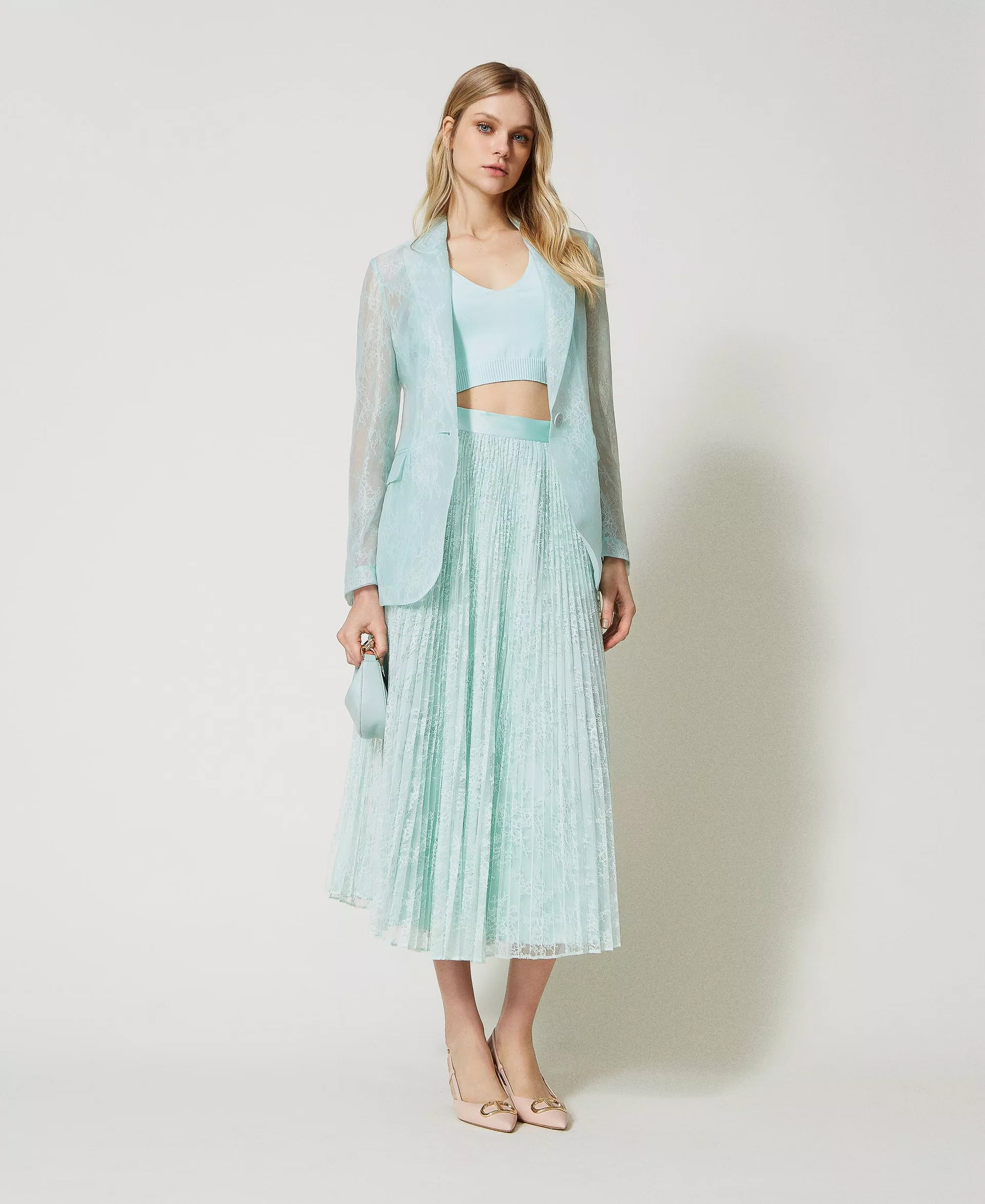 細百褶蕾絲A字裙 (薄荷綠)