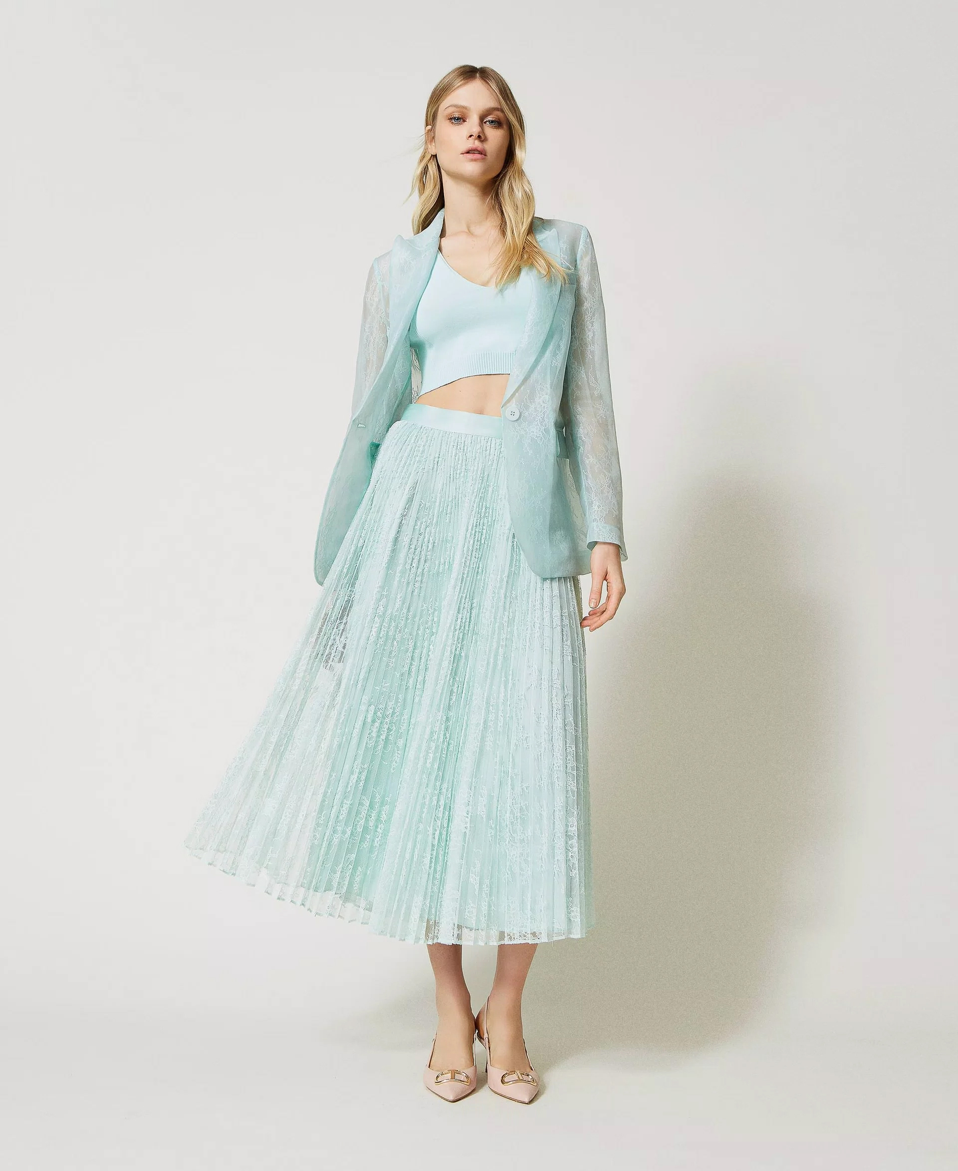 細百褶蕾絲A字裙 (薄荷綠)