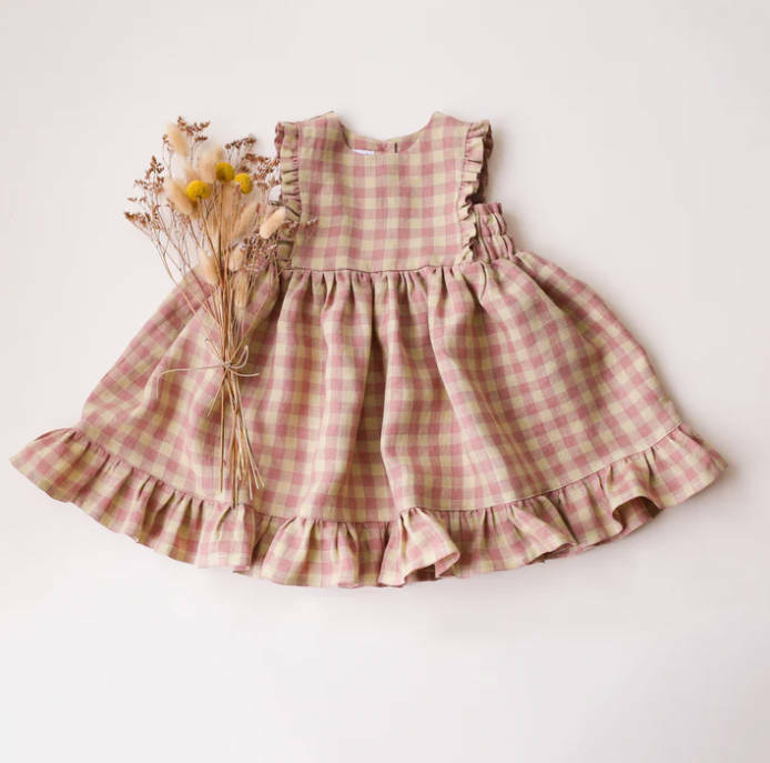 Dannie and Lilou-Pinafore Dress with Ruffled Hem荷葉裙擺背心洋裝(Blush & Cream Gingham)