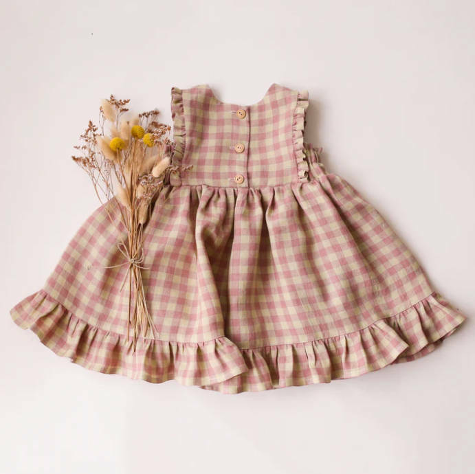 Dannie and Lilou-Pinafore Dress with Ruffled Hem荷葉裙擺背心洋裝(Blush & Cream Gingham)
