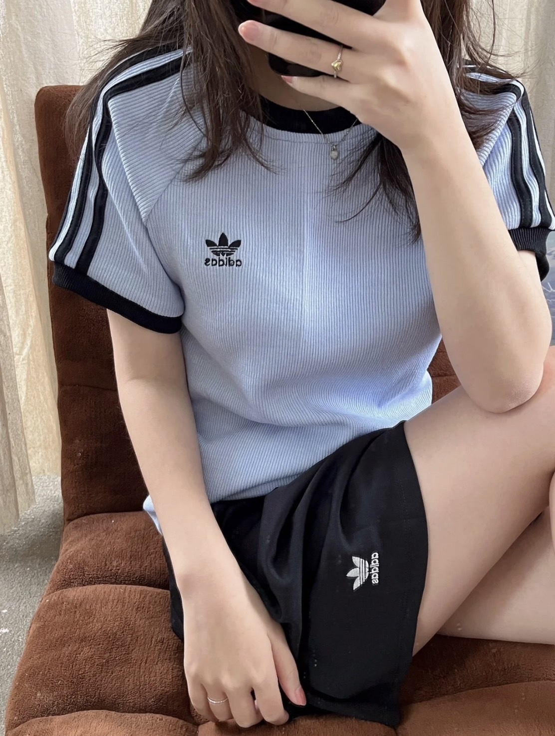Adidas 三葉草 螺紋短袖 藍