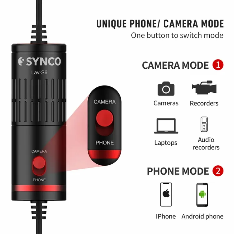 Synco Lav-S6 Omnidirectional Condenser Lavalier Microphone for Cameras/ Phones