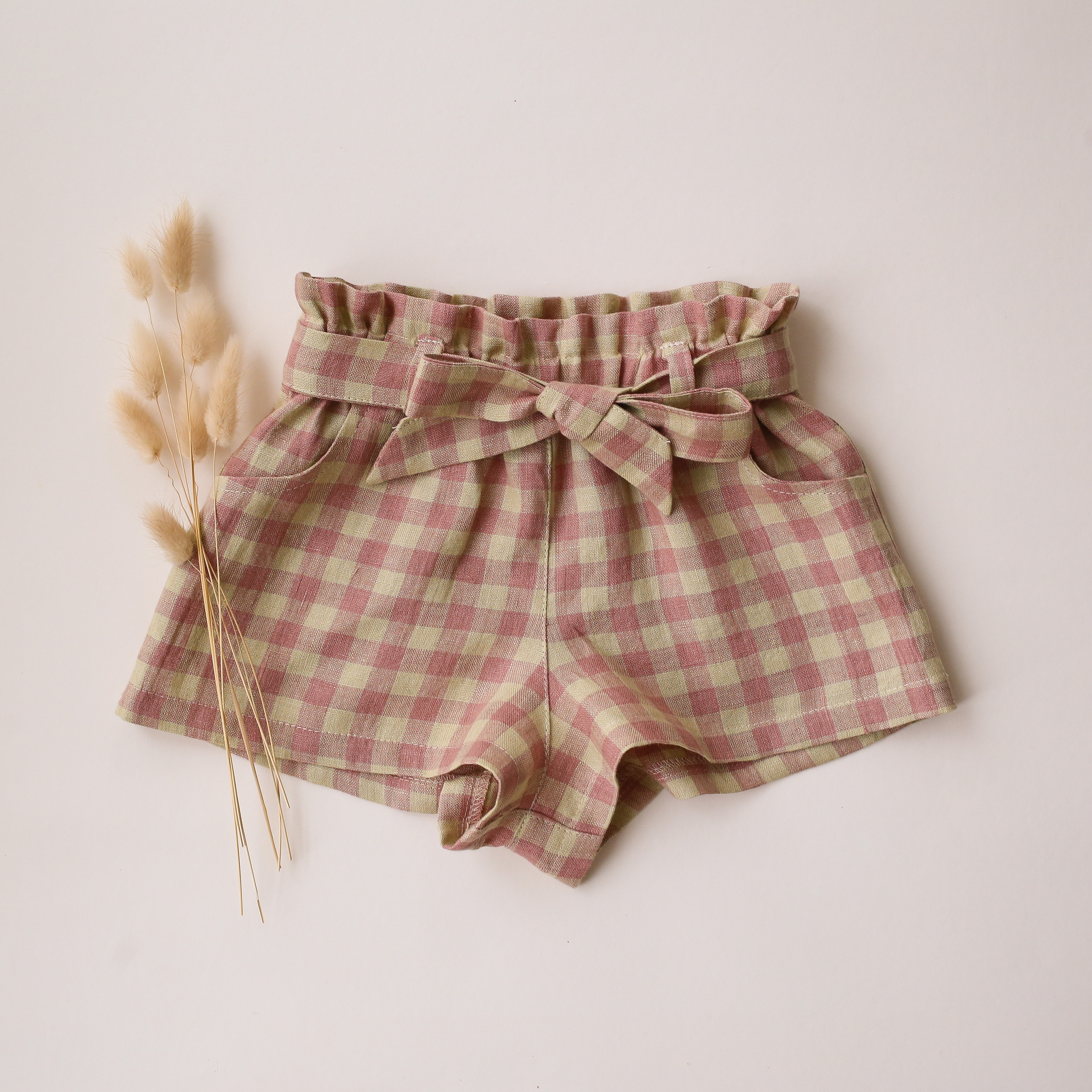 Dannie and Lilou-Paperbag Shorts蝴蝶結綁帶短褲(Blush & Cream Gingham)