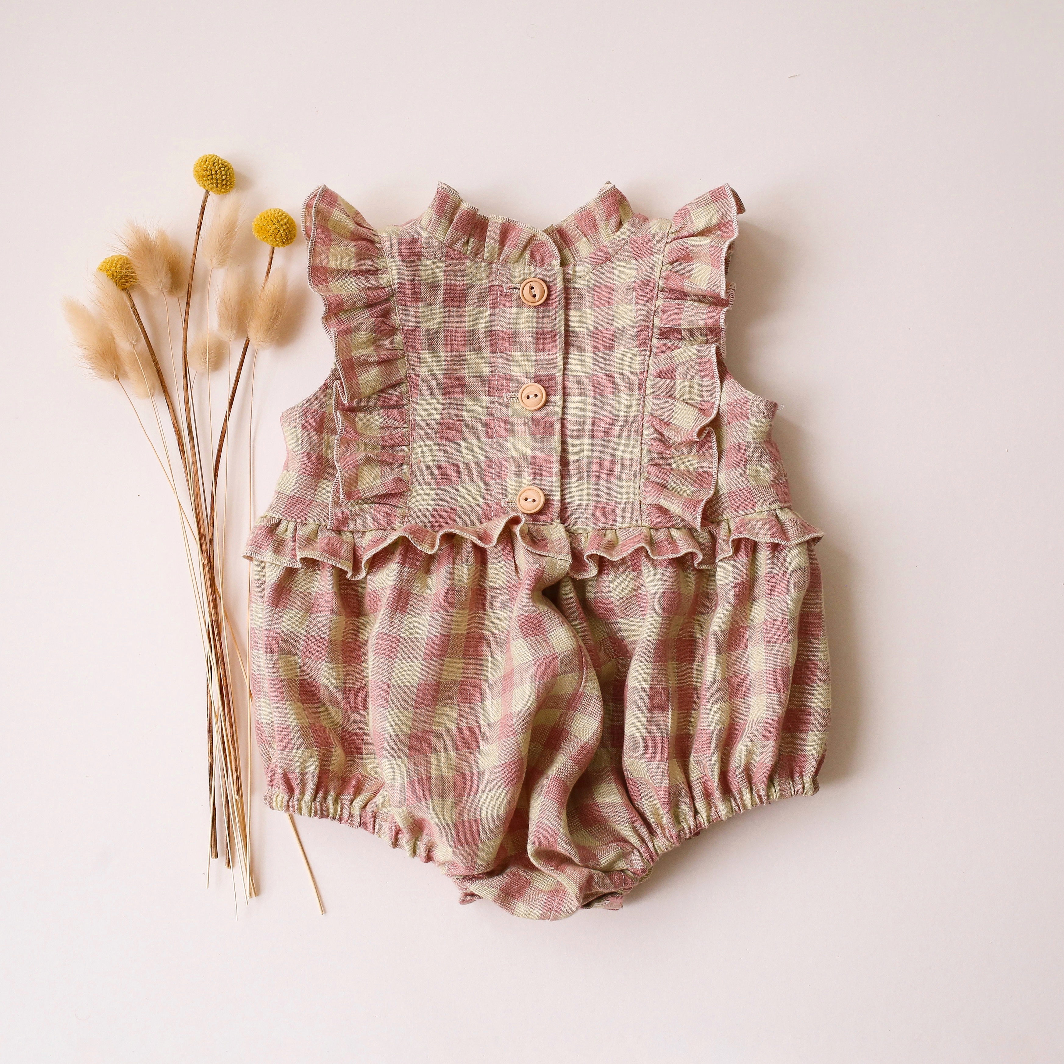 Dannie and Lilou-Frills Bodice荷葉邊高領無袖包屁衣(Blush & Cream Gingham)