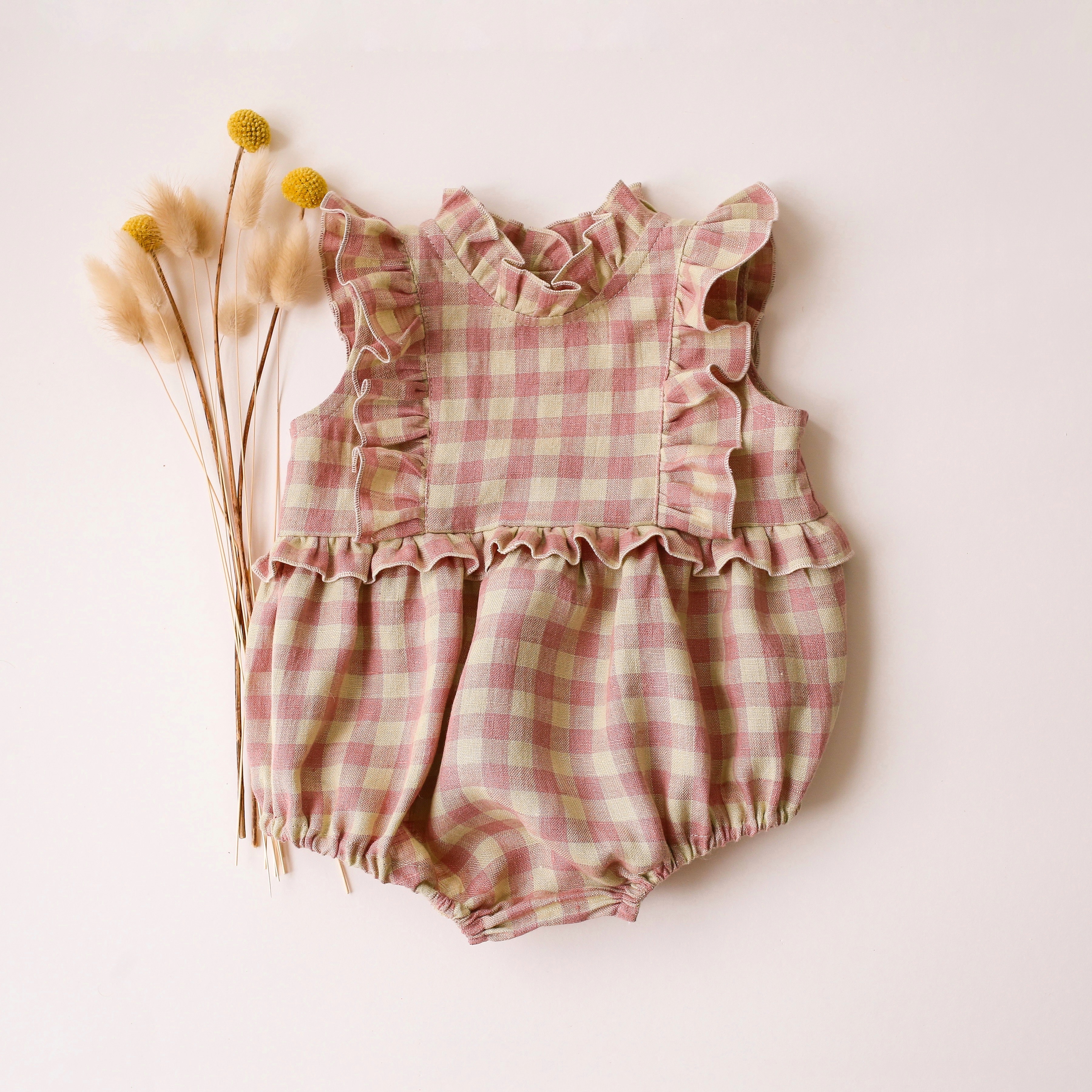Dannie and Lilou-Frills Bodice荷葉邊高領無袖包屁衣(Blush & Cream Gingham)