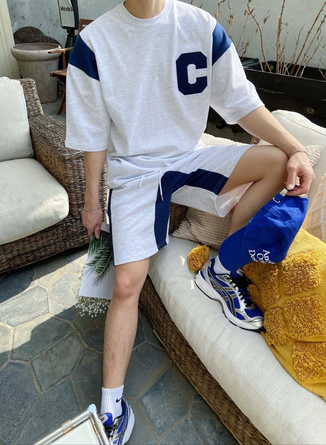 C刺繡配色短袖T恤 短褲