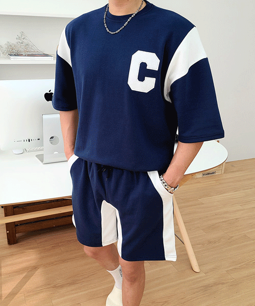 C刺繡配色短袖T恤 短褲