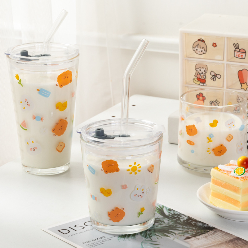《2225》小熊兔兔印花透明玻璃杯