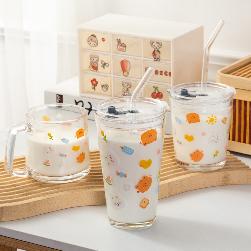 《2225》小熊兔兔印花透明玻璃杯
