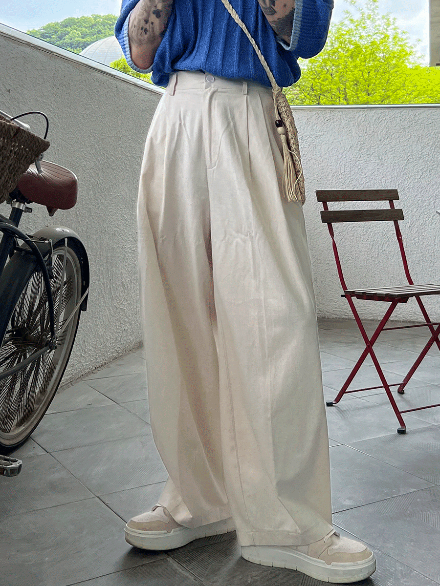 夏季亞麻寬腿雙褶褲