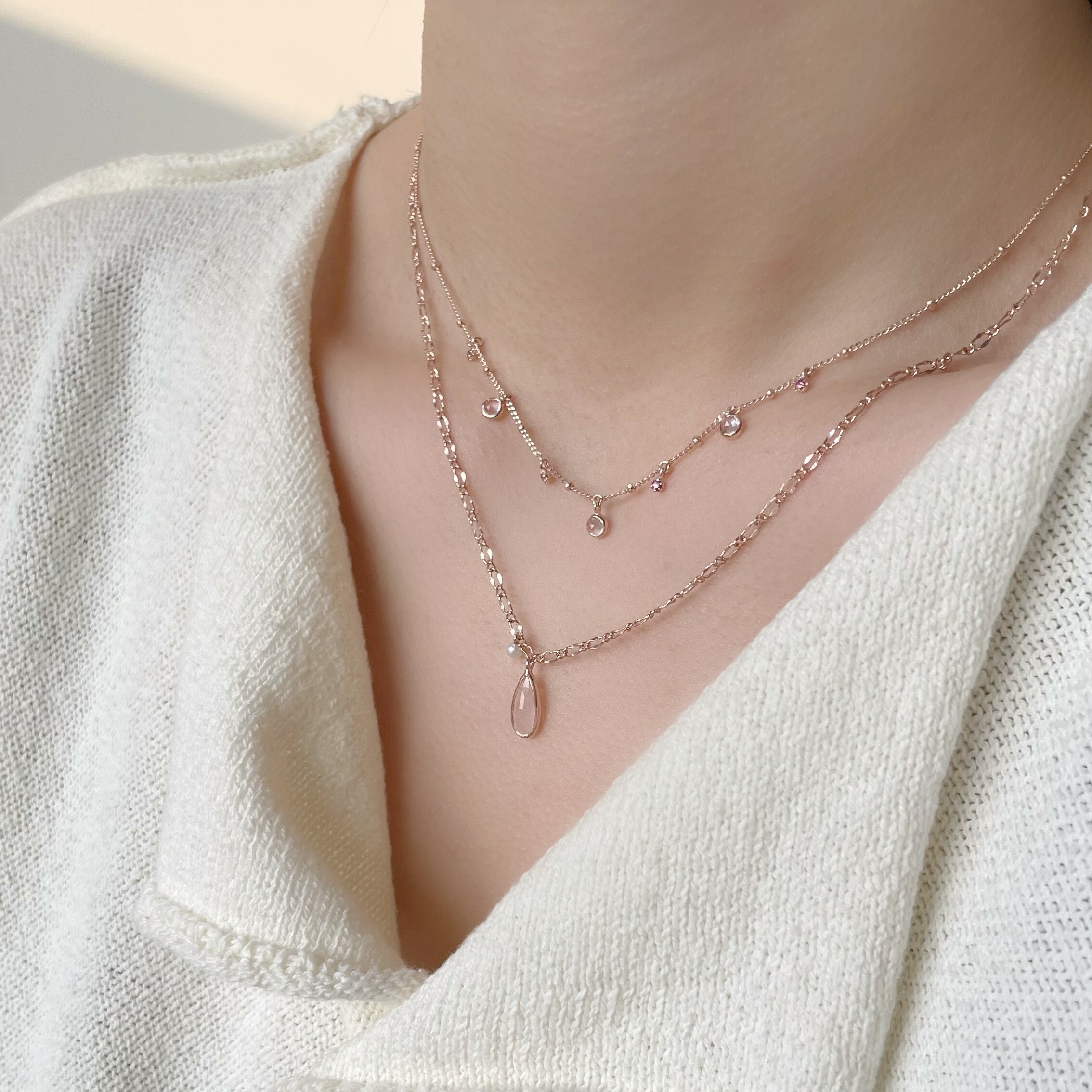 長水滴粉晶垂珍珠項鍊