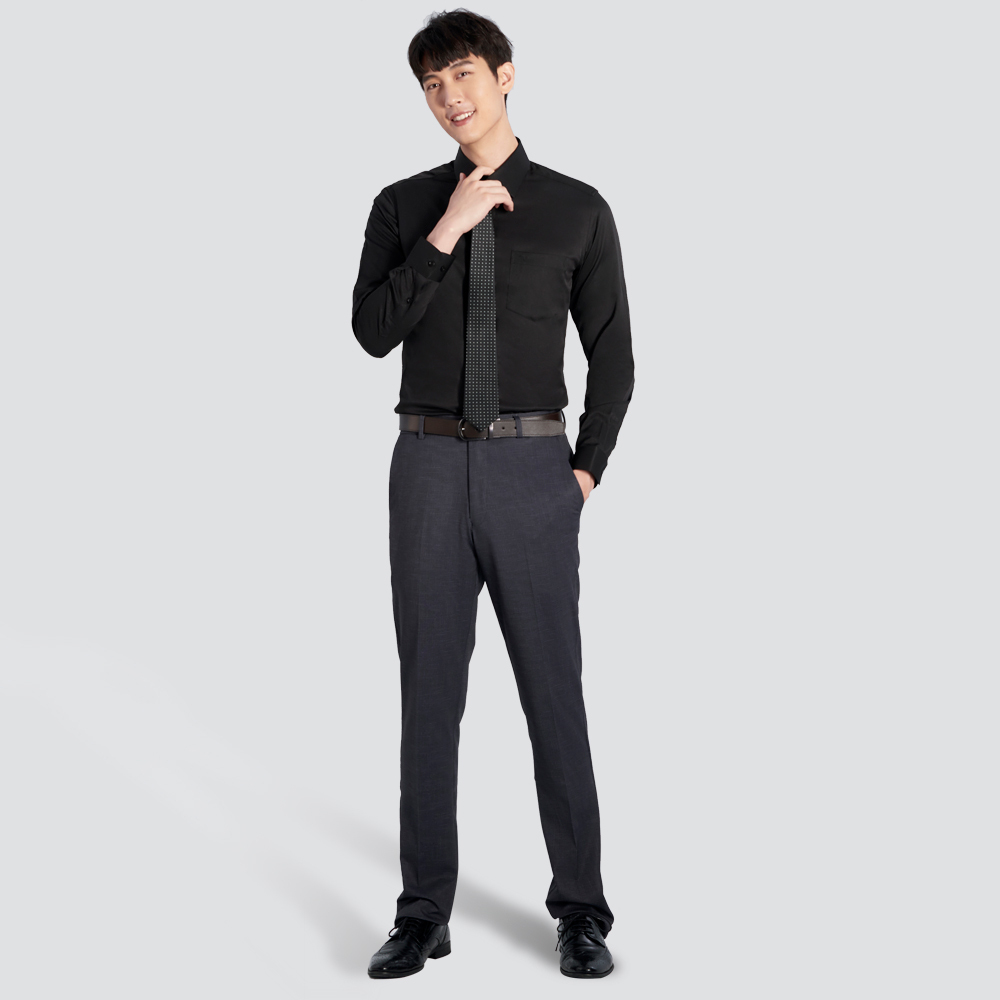 修身彈性長袖襯衫-斜紋黑