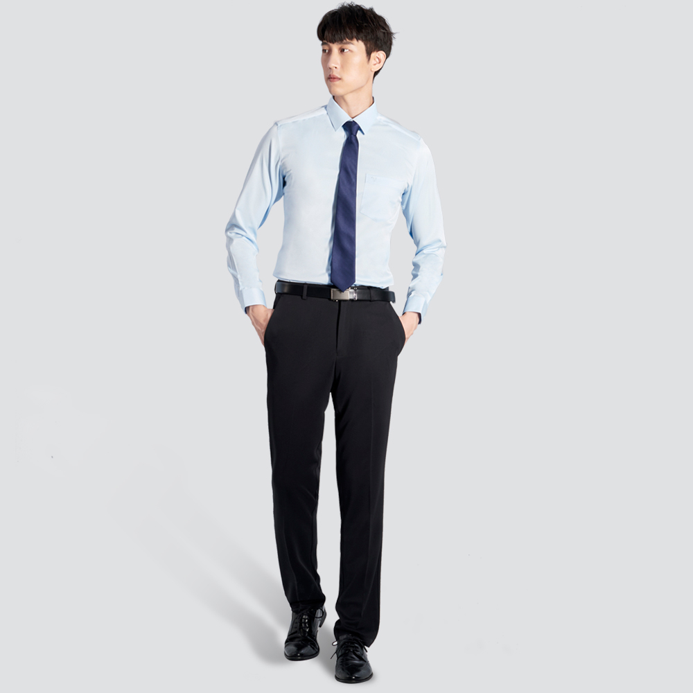 修身彈性長袖襯衫-斜紋藍