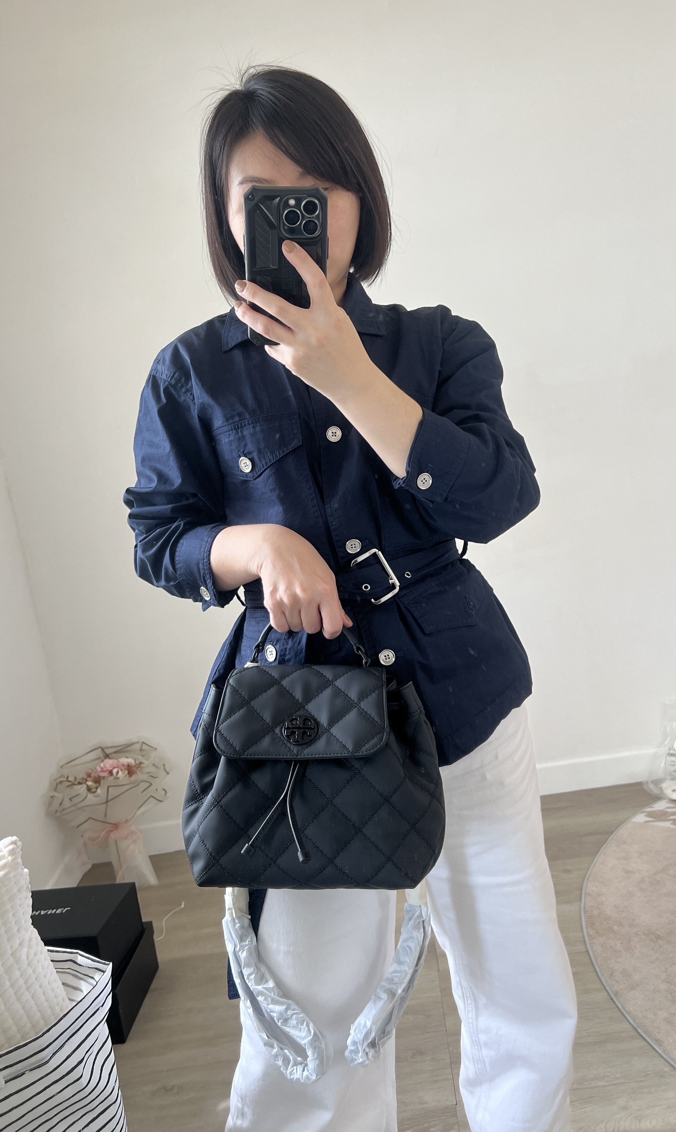 Tory Burch Willa Matt backpack 霧面黑束口後背包