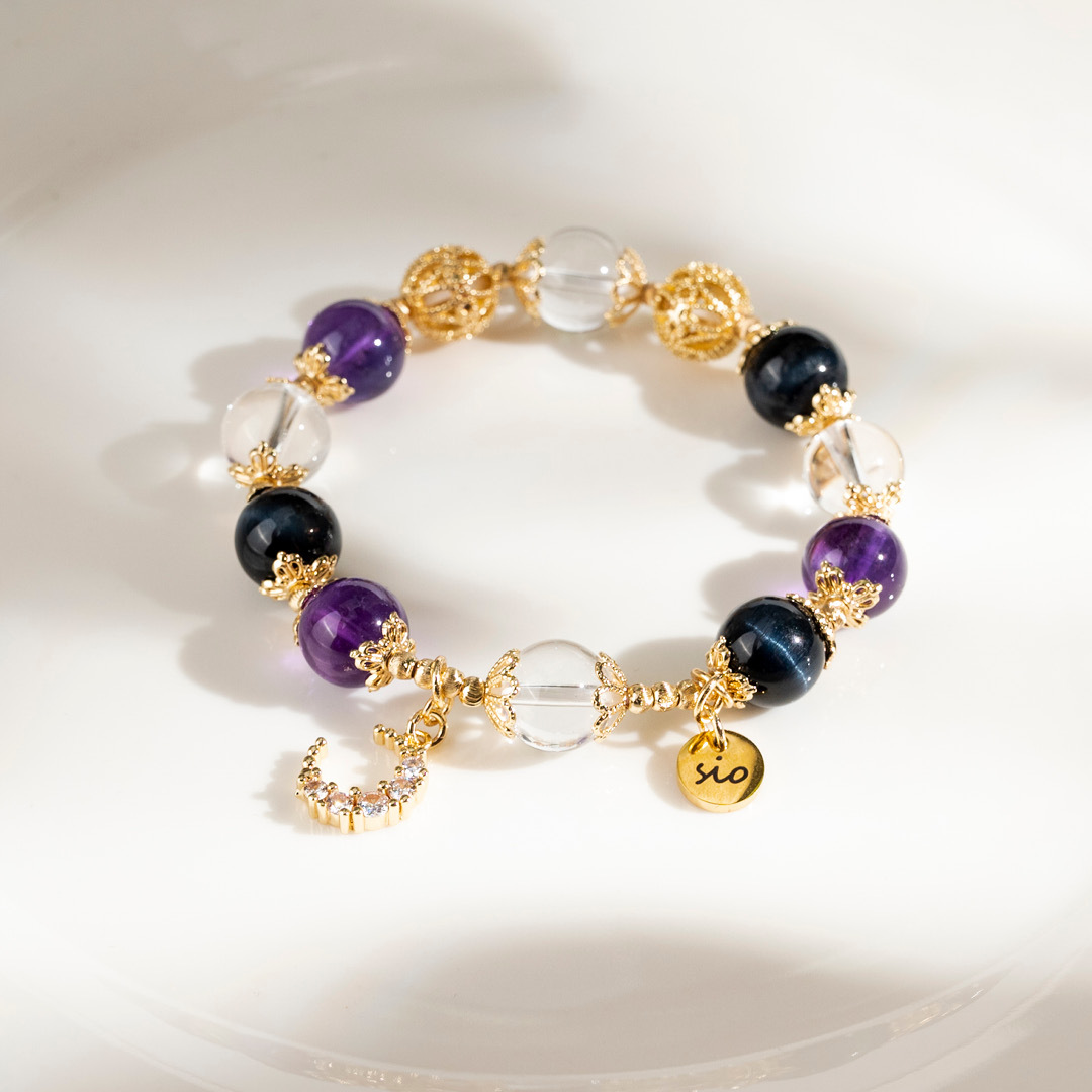 【月野】赫卡忒的指引-白水晶紫水晶藍虎眼石水晶手鍊/水晶手串