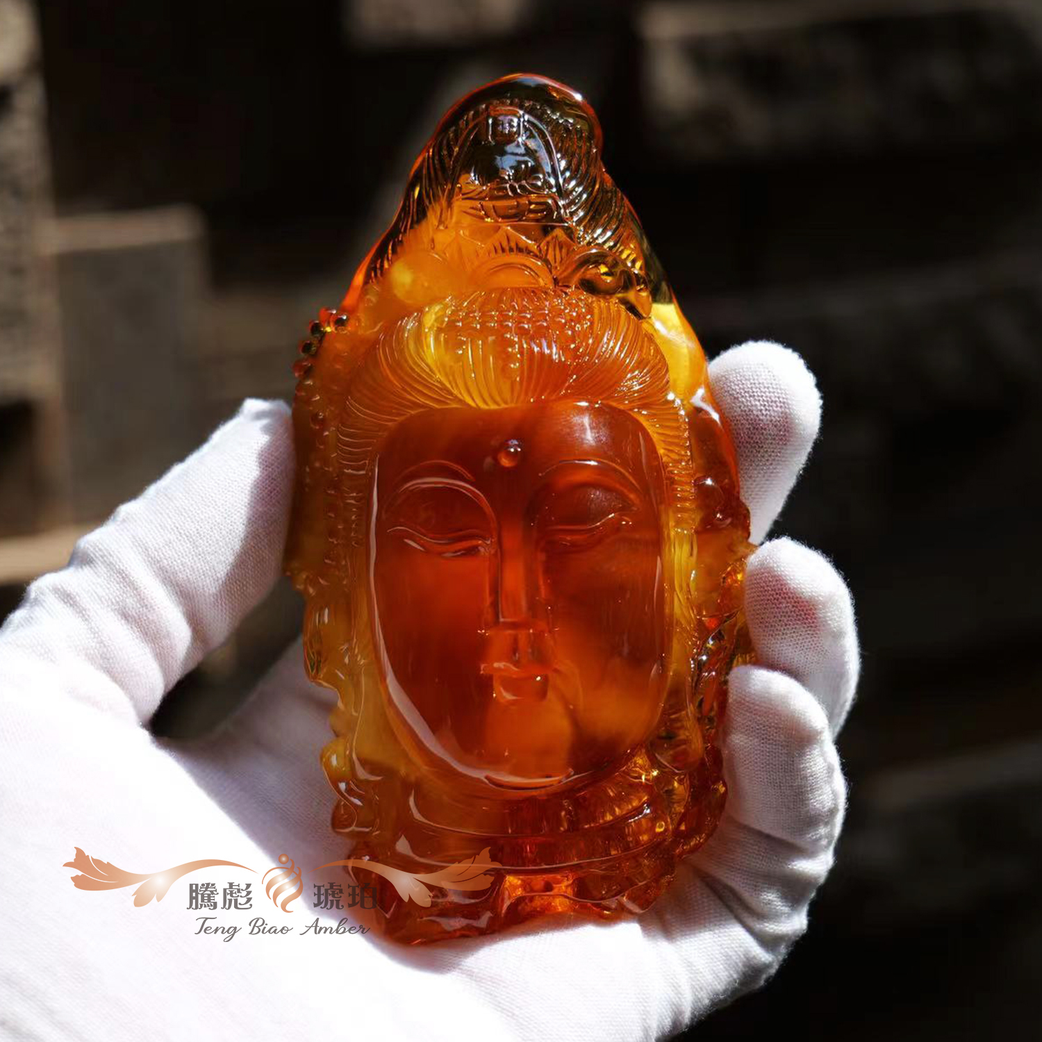 收藏級3A天然波羅的海帶皮氧化意境蜜蠟觀音佛首擺件