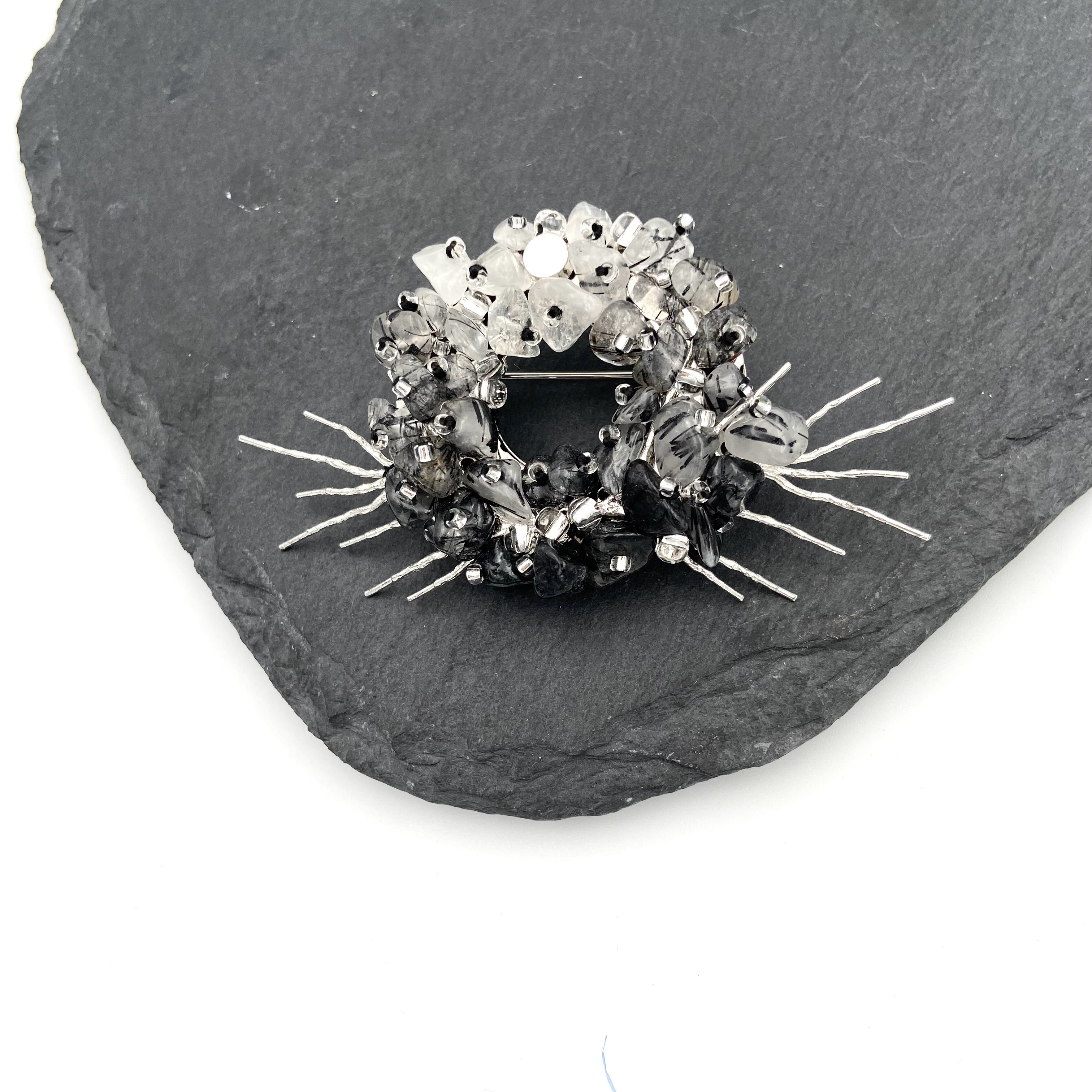 Exquisite Black Rutilated Quartz Brooch Japanese Style v1