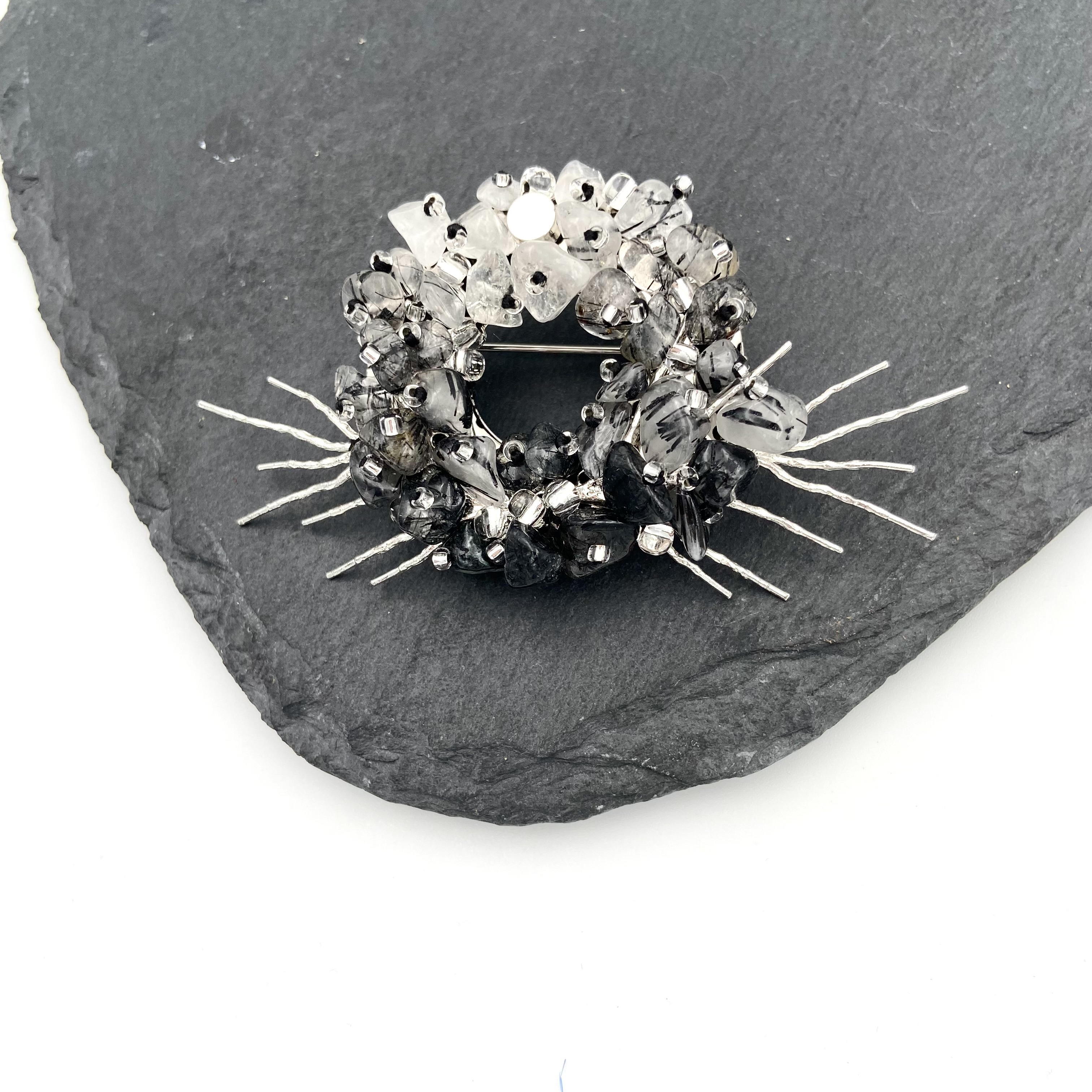Exquisite Black Rutilated Quartz Brooch Japanese Style v1