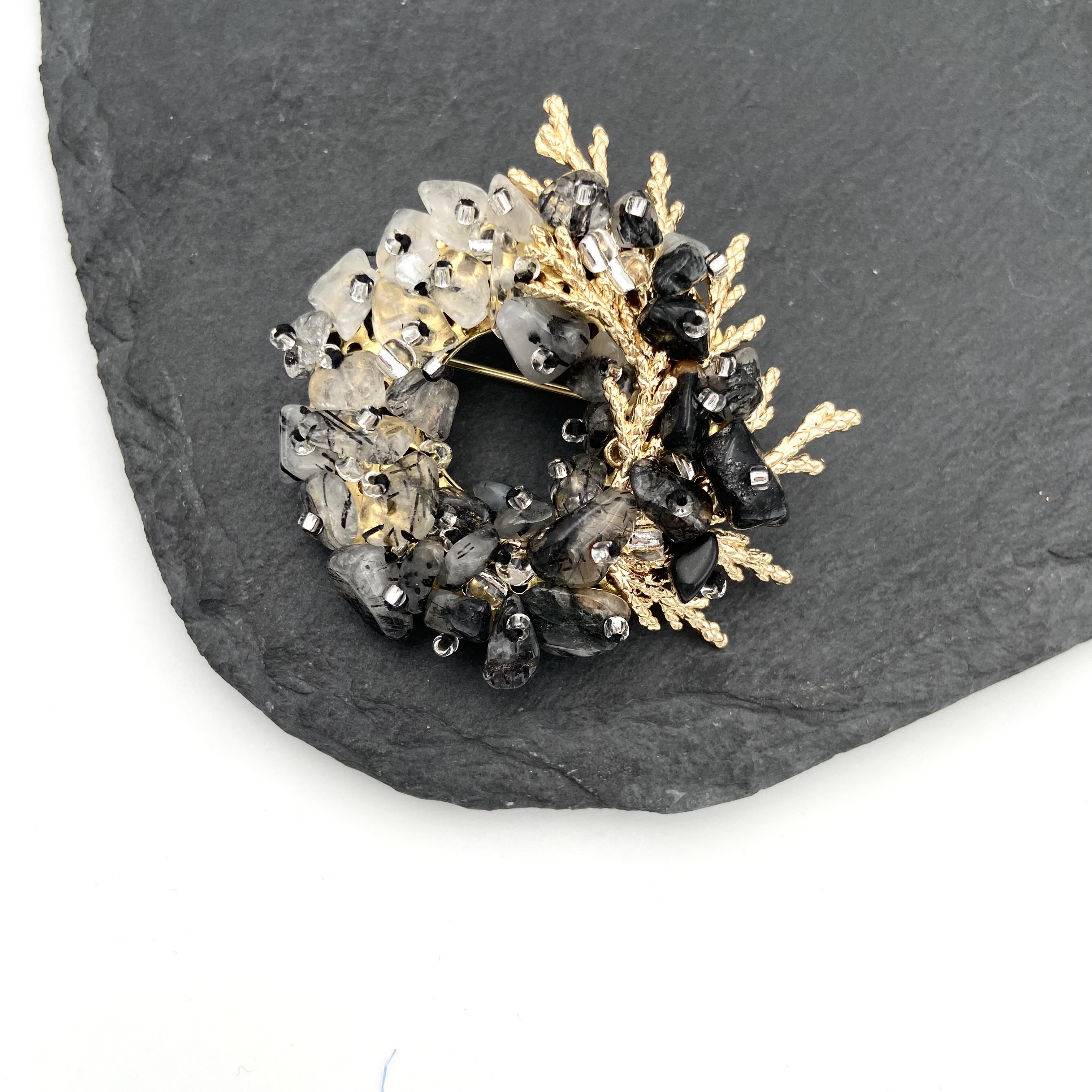 Exquisite Black Rutilated Quartz Brooch Japanese Style v3