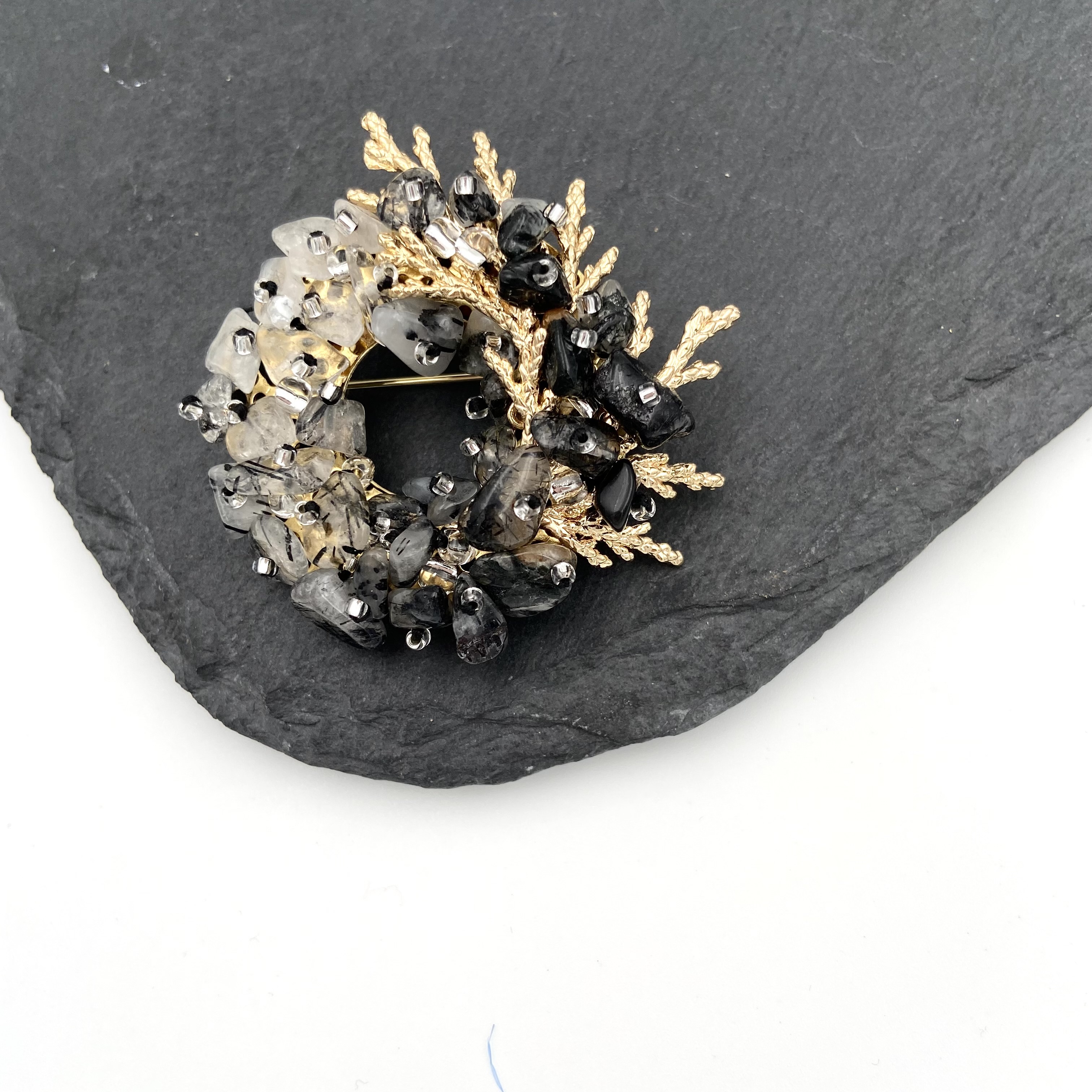 Exquisite Black Rutilated Quartz Brooch Japanese Style v3